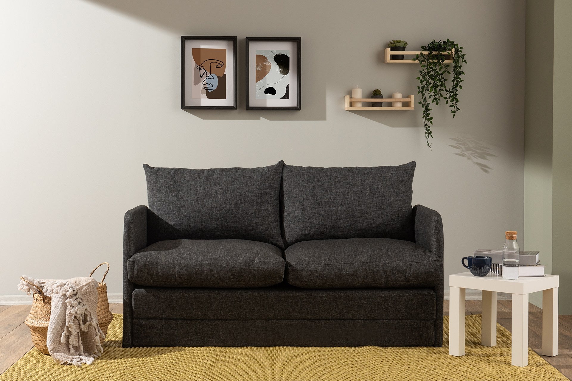 Sofá-cama moderno de 2 lugares, tecido de linho cinza escuro, 148 x 70 x 66 cm | Estrutura de metal, transforma-se em cama de 200 x 140 cm | Elegante e funcional para qualquer espaço