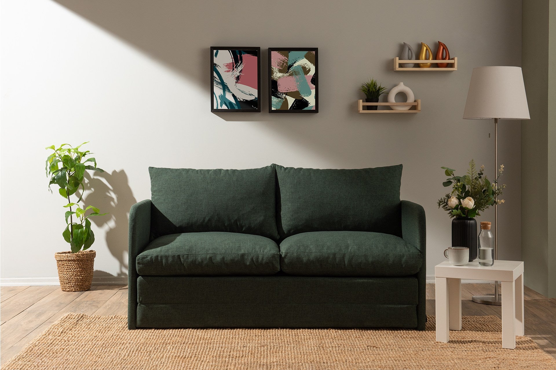 Sofá-cama moderno de 2 lugares, tecido de linho verde, 148 x 70 x 66 cm | Estrutura 100% metálica, transforma-se em cama de 200 x 140 cm | Elegante e funcional para qualquer espaço