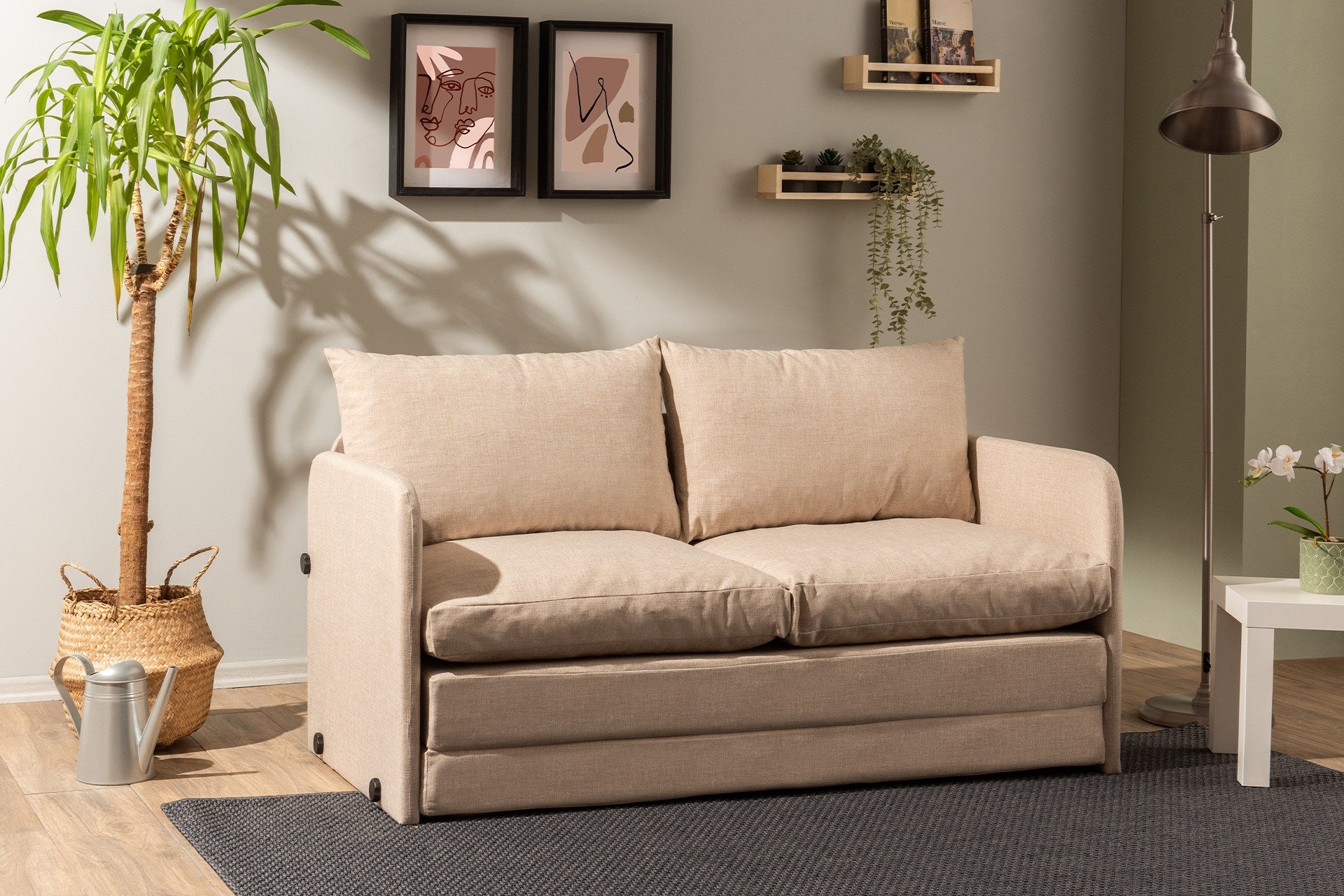 Sofá-cama moderno de 2 lugares, tecido de linho bege, 148 x 70 x 66 cm | Estrutura de metal, transforma-se em cama de 200 x 140 cm | Elegante e funcional para qualquer espaço