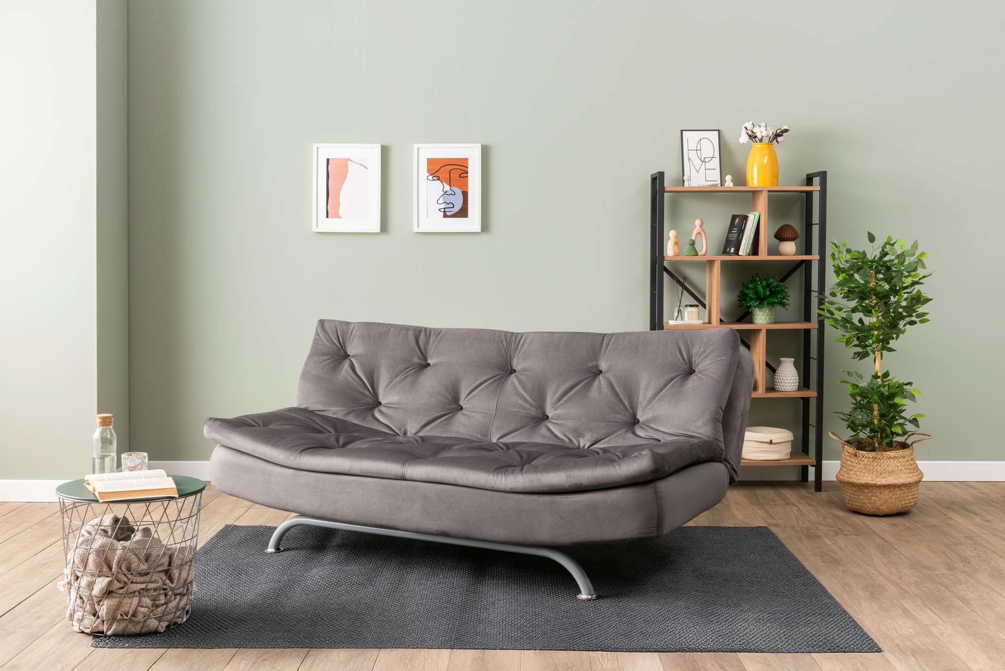 Sofá-cama elegante de 3 lugares, cinza, 63 x 185 x 82 cm | Estrutura 100% metálica, tecido de poliéster lavável, espuma de dureza média | Perfeito para espaços modernos