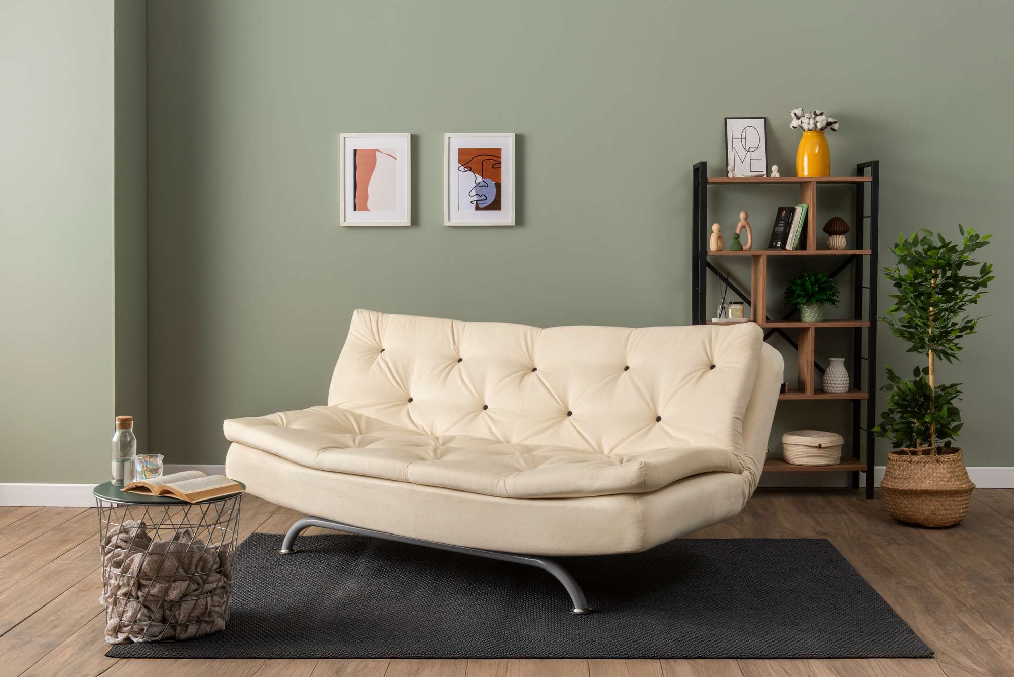 Sofá-cama elegante de 3 lugares, cor creme, 63 x 185 x 82 cm | Estrutura 100% metálica, tecido de poliéster lavável, espuma de dureza média | Perfeito para espaços de convivência modernos