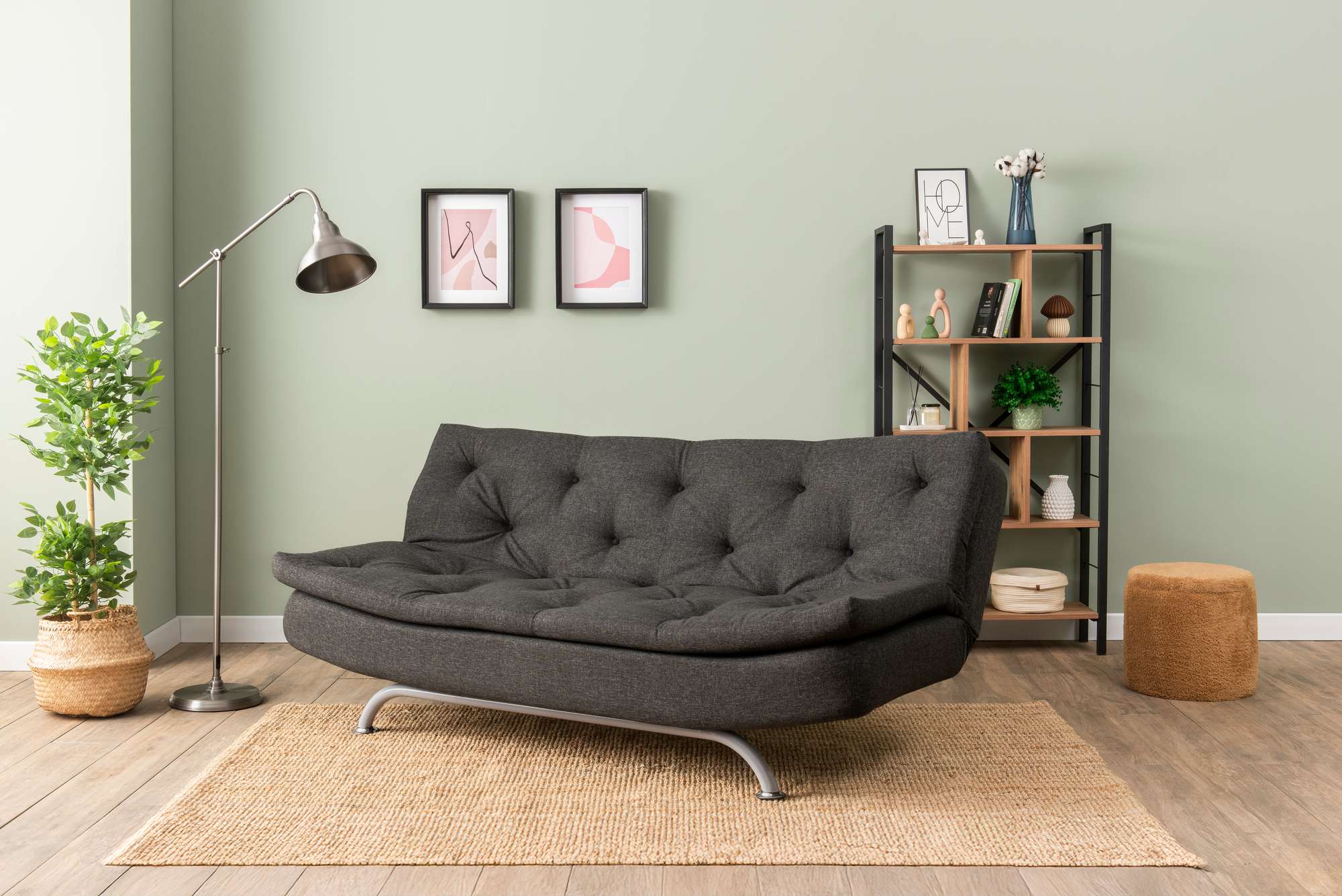 Sofá-cama elegante de 3 lugares, cinza escuro, 63 x 185 x 82 cm | Estrutura 100% metálica, tecido de poliéster lavável, espuma de dureza média | Perfeito para espaços modernos