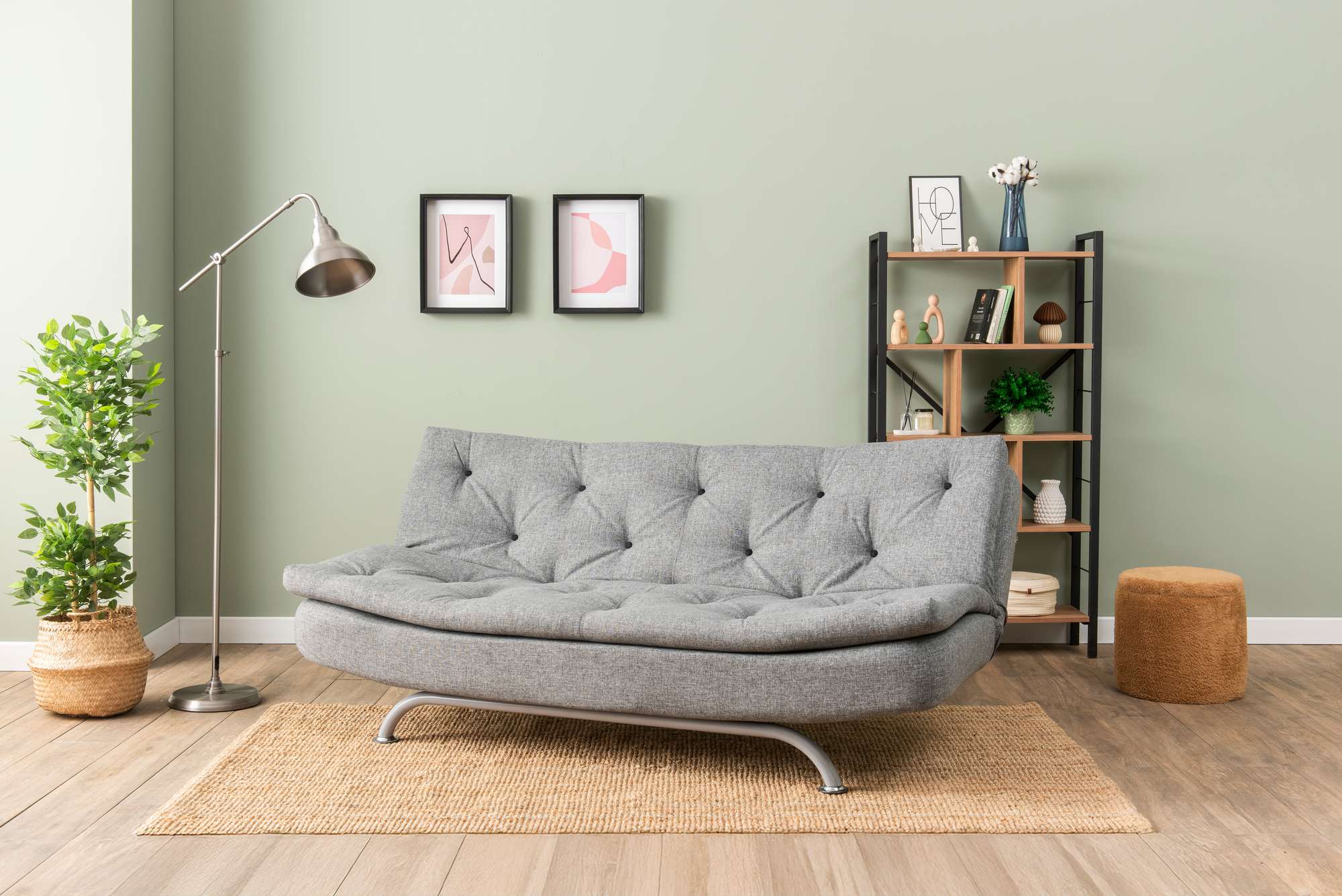 Sofá-cama cinza claro de 3 lugares, estrutura 100% metálica, 63 x 185 x 82 cm | Espuma de dureza média, tecido lavável, perfeito para ambientes modernos