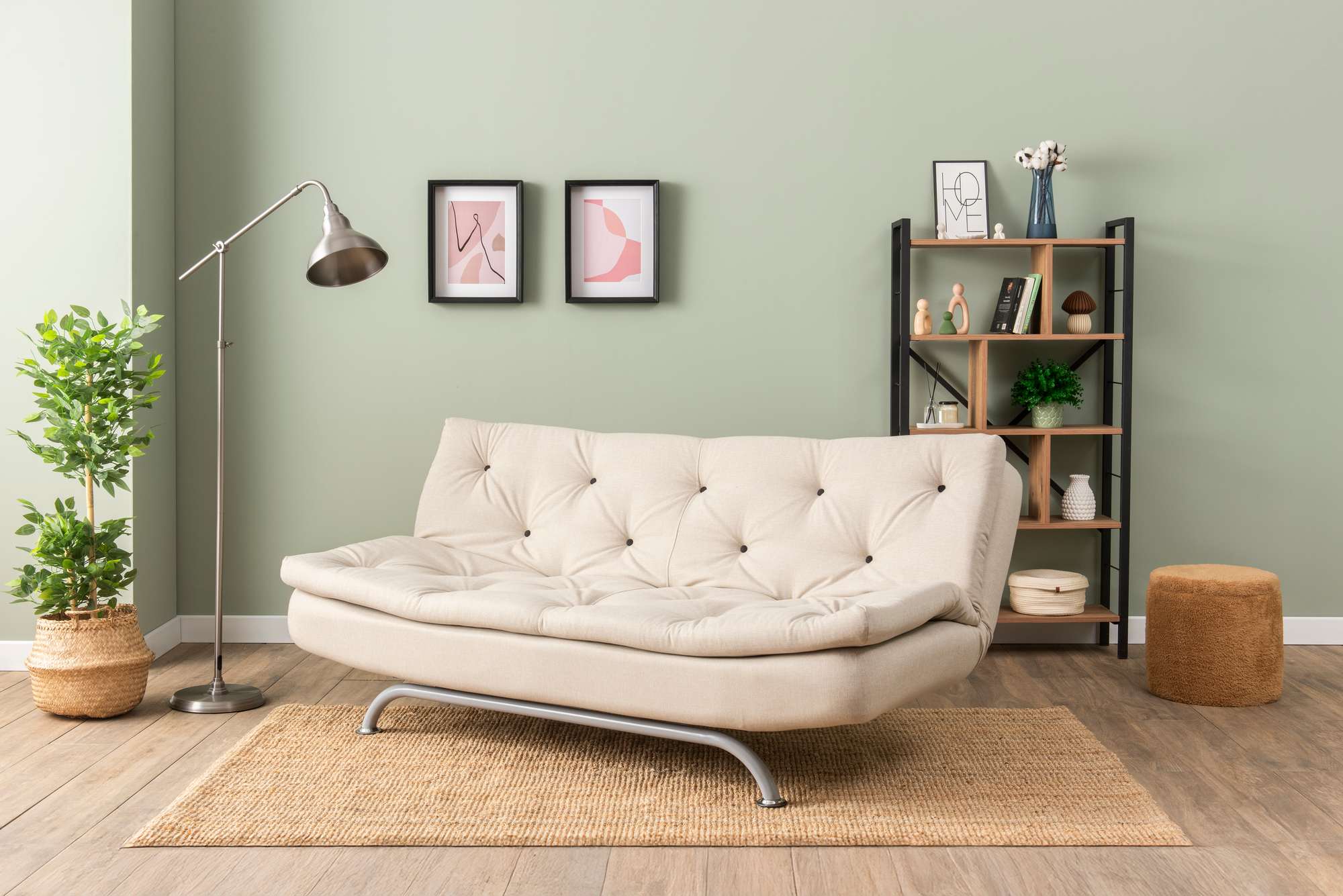 Sofá-cama elegante de 3 lugares, bege, 63 x 185 x 82 cm | Estrutura 100% metálica, tecido de poliéster lavável, espuma de dureza média | Perfeito para espaços modernos