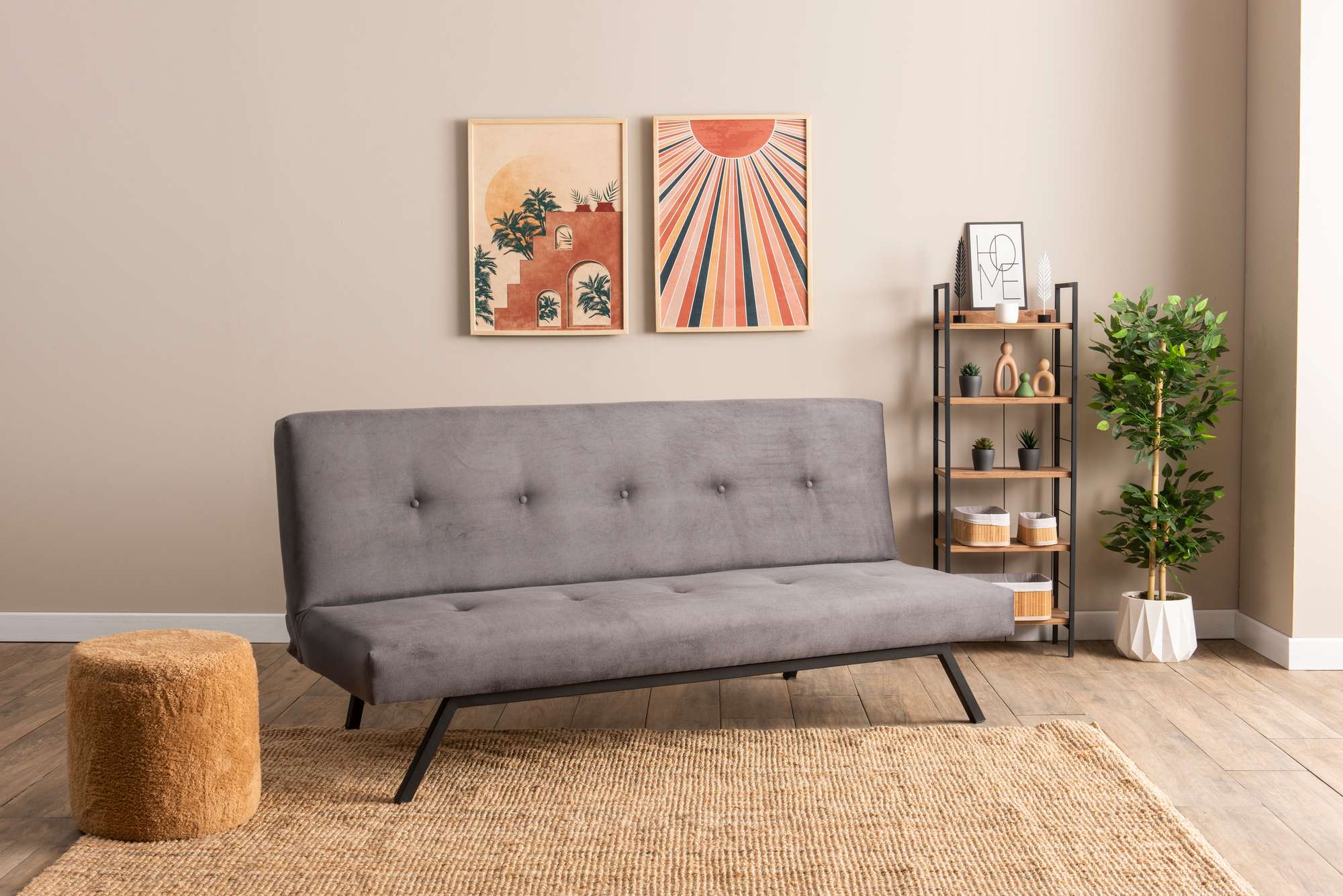 Sofá-cama elegante de 3 lugares, cinza, 78 x 64 x 180 cm | Estrutura 100% metálica, tecido de poliéster lavável, espuma de dureza média | Perfeito para espaços modernos
