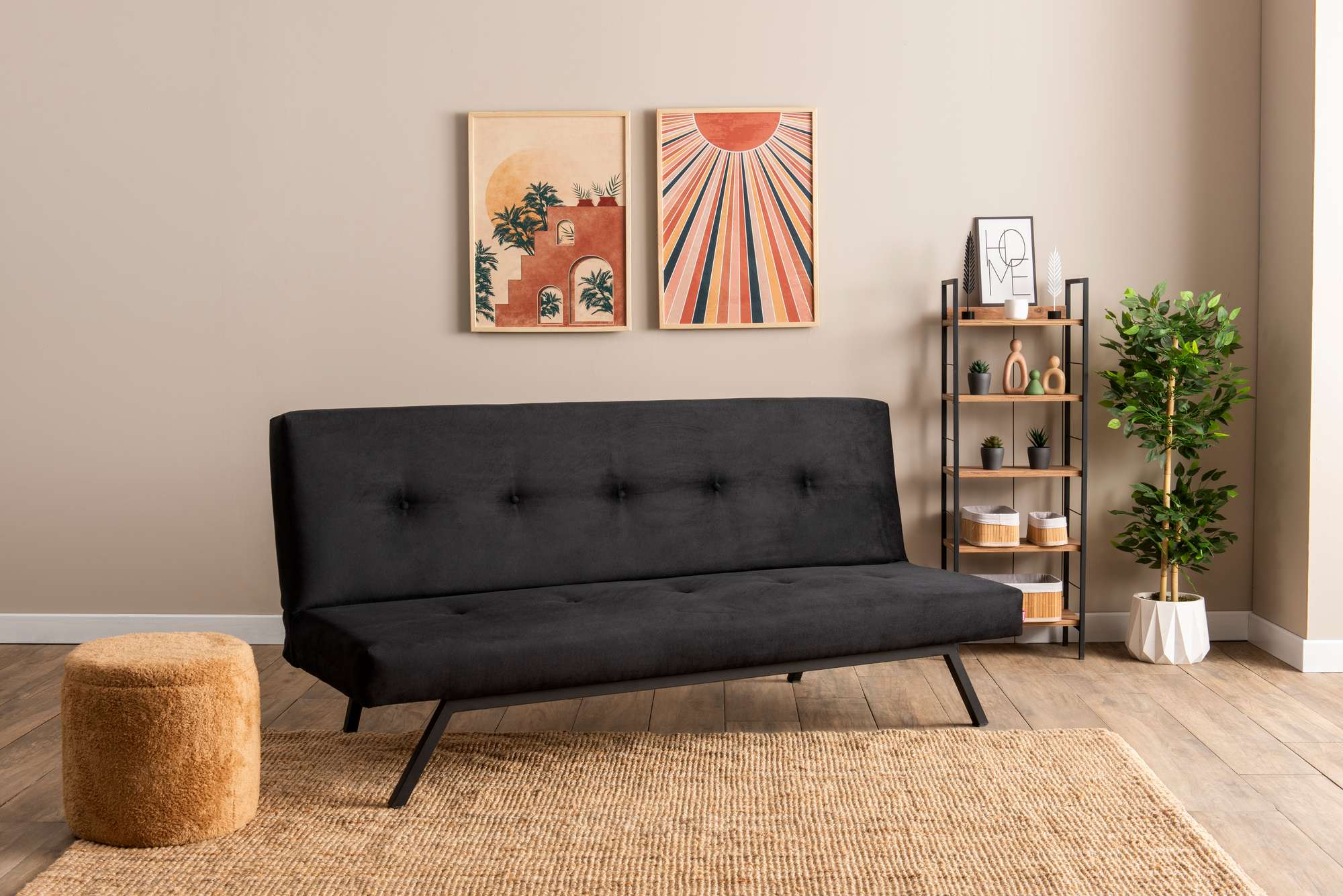 Sofá-cama elegante de 3 lugares, preto, 78 x 64 x 180 cm | Estrutura 100% metálica, tecido de poliéster lavável, espuma de dureza média | Perfeito para espaços modernos
