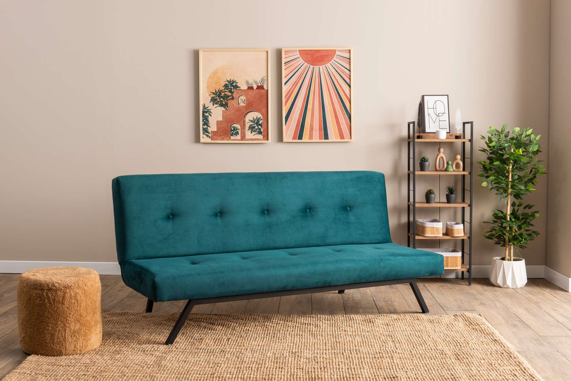 Sofá-cama elegante de 3 lugares, verde-petróleo, 78 x 64 x 180 cm | Estrutura 100% metálica, tecido de poliéster lavável, espuma de dureza média | Perfeito para espaços de convivência modernos