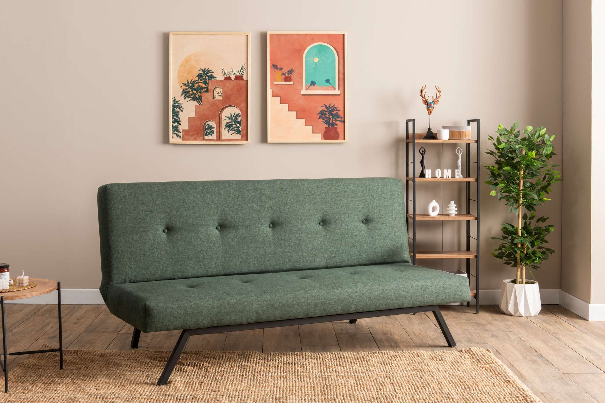 Sofá-cama elegante de 3 lugares, tecido de linho verde, tamanho da cama: 180 x 100 cm | Estrutura 100% metálica, espuma média-dura, lavável | Perfeito para espaços de convivência modernos