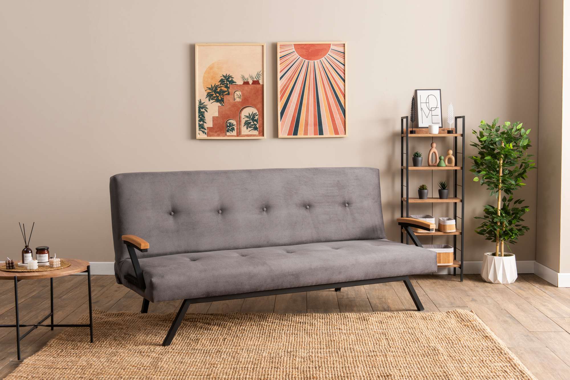 Sofá-cama elegante de 3 lugares, cinza, 78 x 64 x 180 cm | Estrutura 100% metálica, tecido de poliéster lavável, espuma de dureza média | Perfeito para espaços modernos