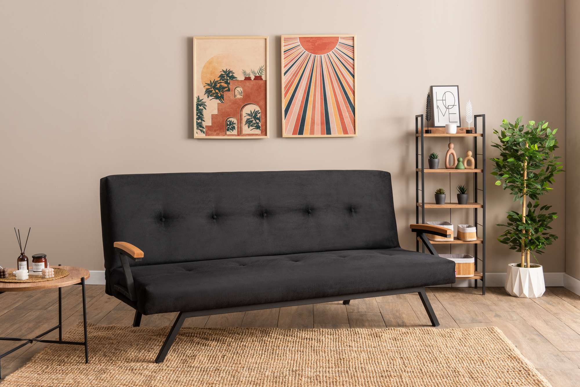 Sofá-cama elegante de 3 lugares, preto, 78 x 64 x 180 cm | Estrutura 100% metálica, tecido de poliéster lavável, espuma de dureza média | Perfeito para espaços modernos