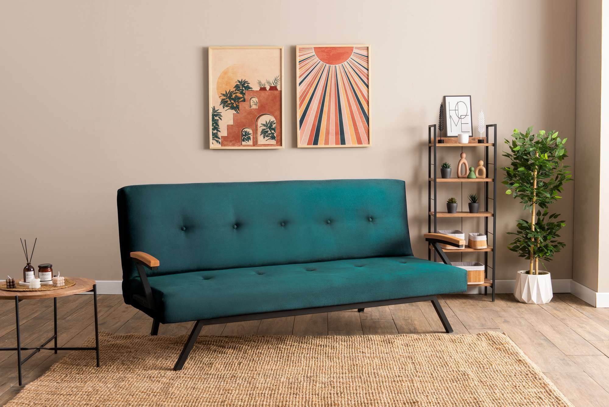 Sofá-cama elegante de 3 lugares, verde-petróleo, 78 x 64 x 180 cm | Estrutura 100% metálica, tecido de poliéster lavável, espuma de dureza média | Perfeito para espaços de convivência modernos