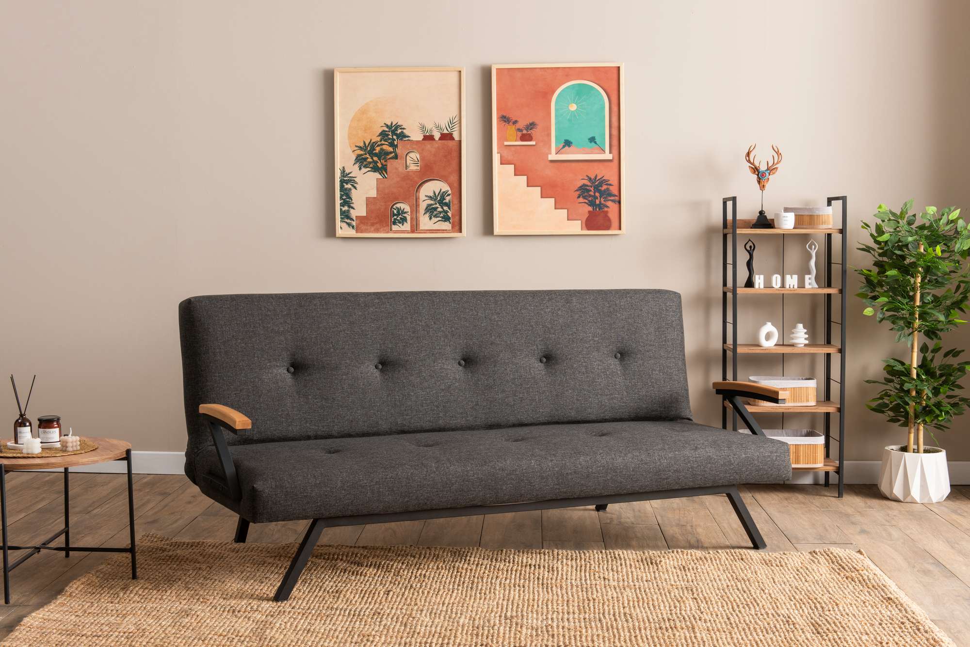 Sofá-cama elegante de 3 lugares, cinza escuro, 78 x 64 x 180 cm | Estrutura 100% metálica, espuma 50 DNS, tecido de linho lavável | Perfeito para espaços modernos