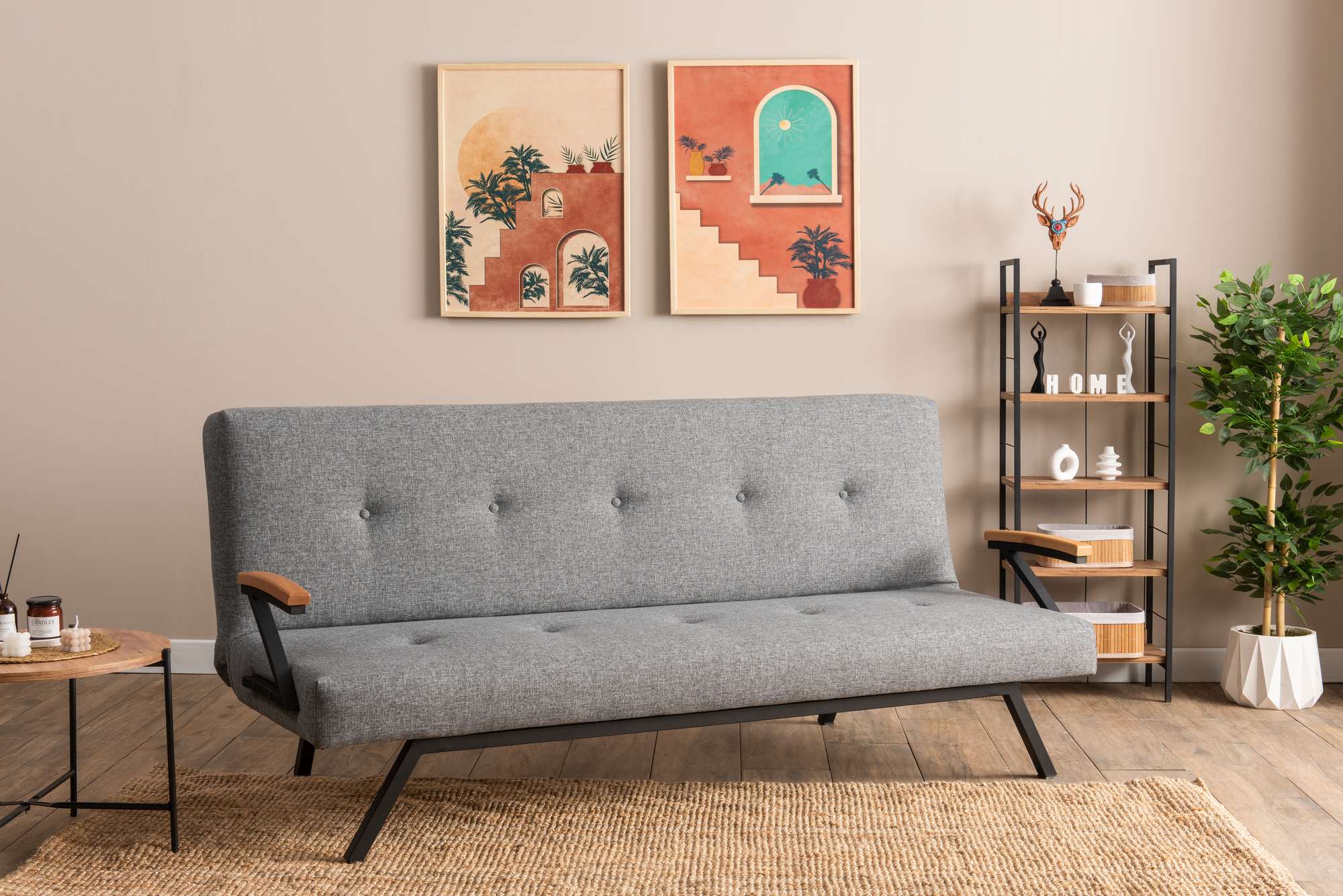 Sofá-cama elegante de 3 lugares, cinza claro, 180 x 100 cm | Estrutura 100% metal, tecido 100% linho, conforto médio | Perfeito para espaços modernos