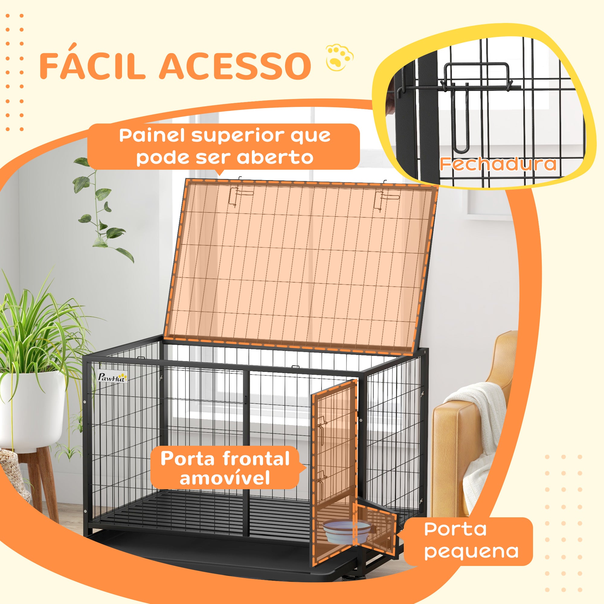 Gaiola para Cães com Tigela Giratória e Rodas 109x72x79 cm - Preto