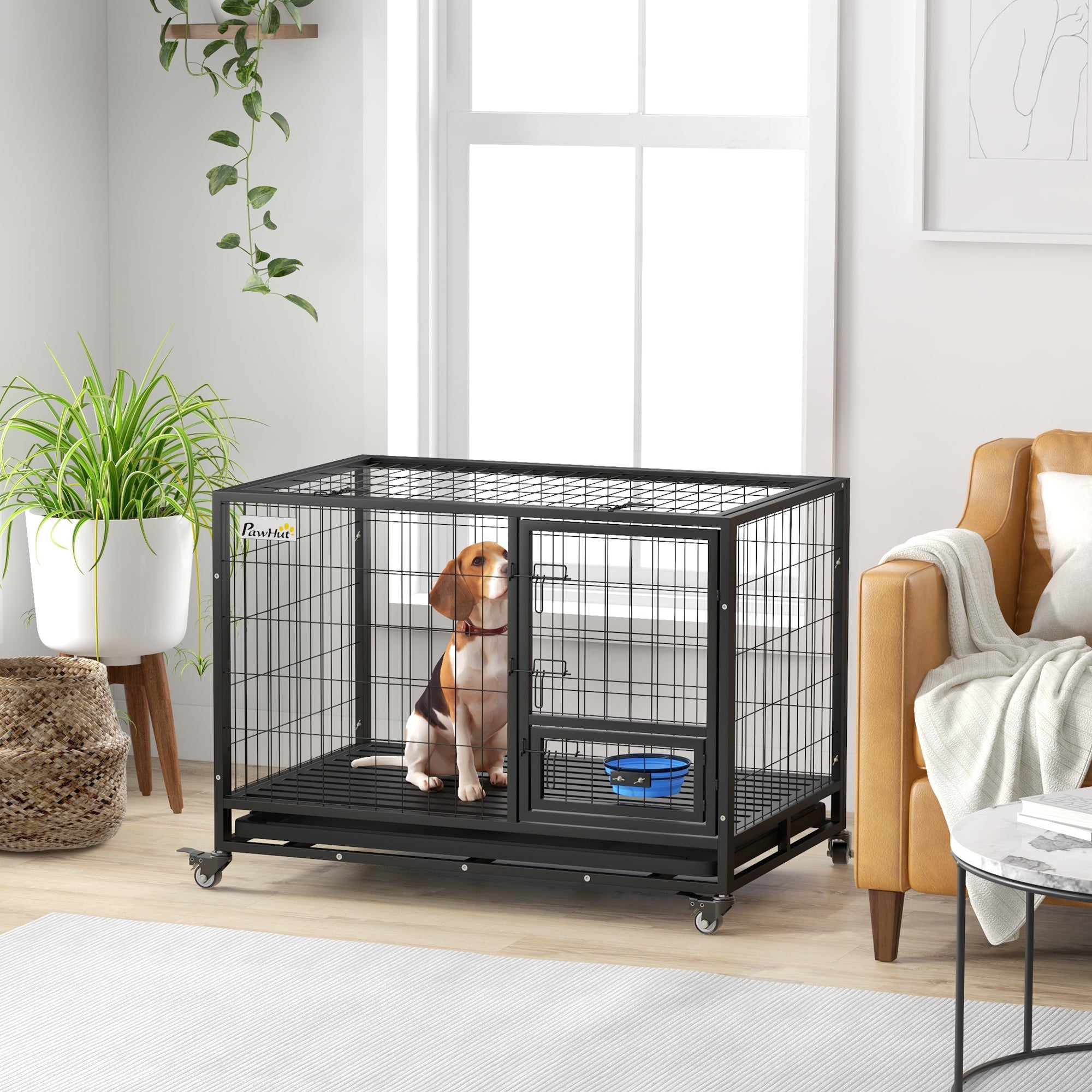 Gaiola para Cães com Tigela Giratória e Rodas 109x72x79 cm - Preto