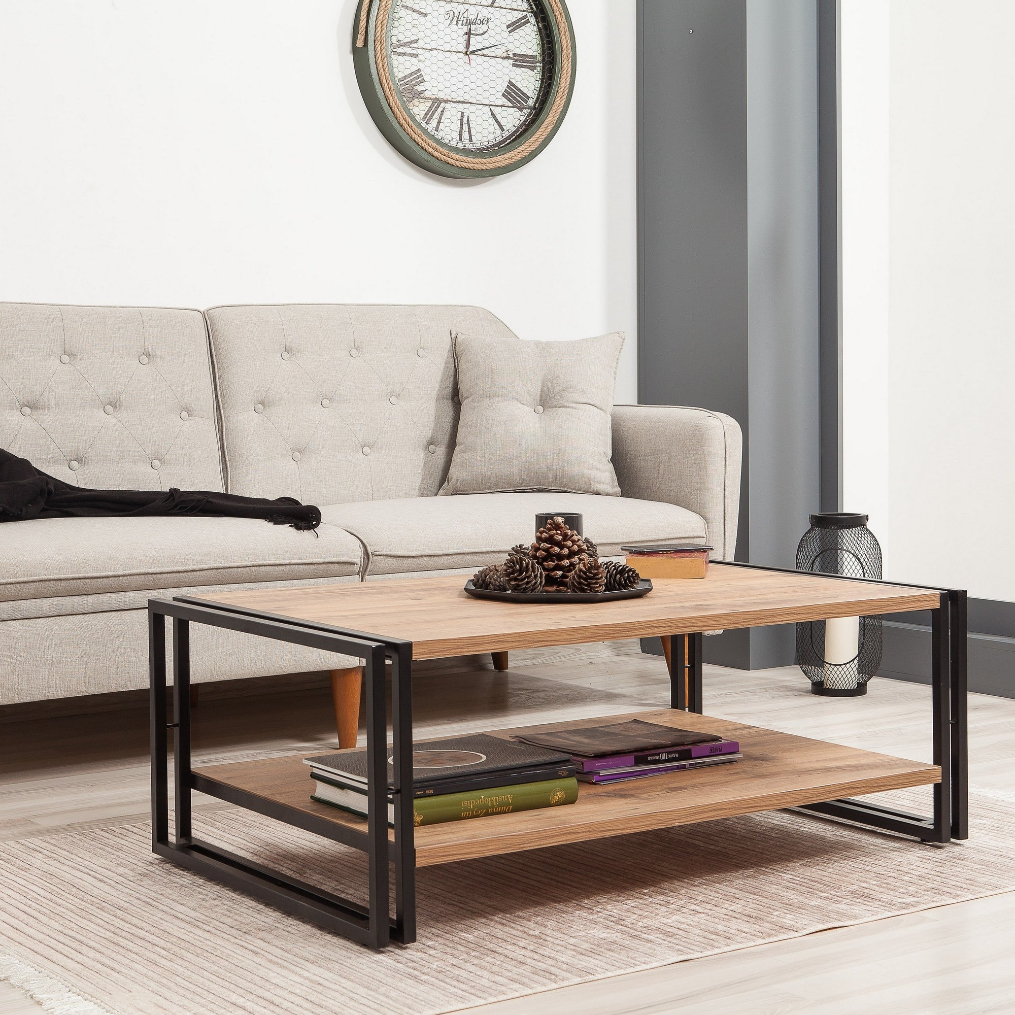 Mesa de Centro Industrial de 2 Andares, Pinho Atlântico e Preto, 110 x 40 x 70 cm | Revestimento 100% Melamina, 18 mm de Espessura | Estrutura de Metal Resistente, Armazenamento Extra