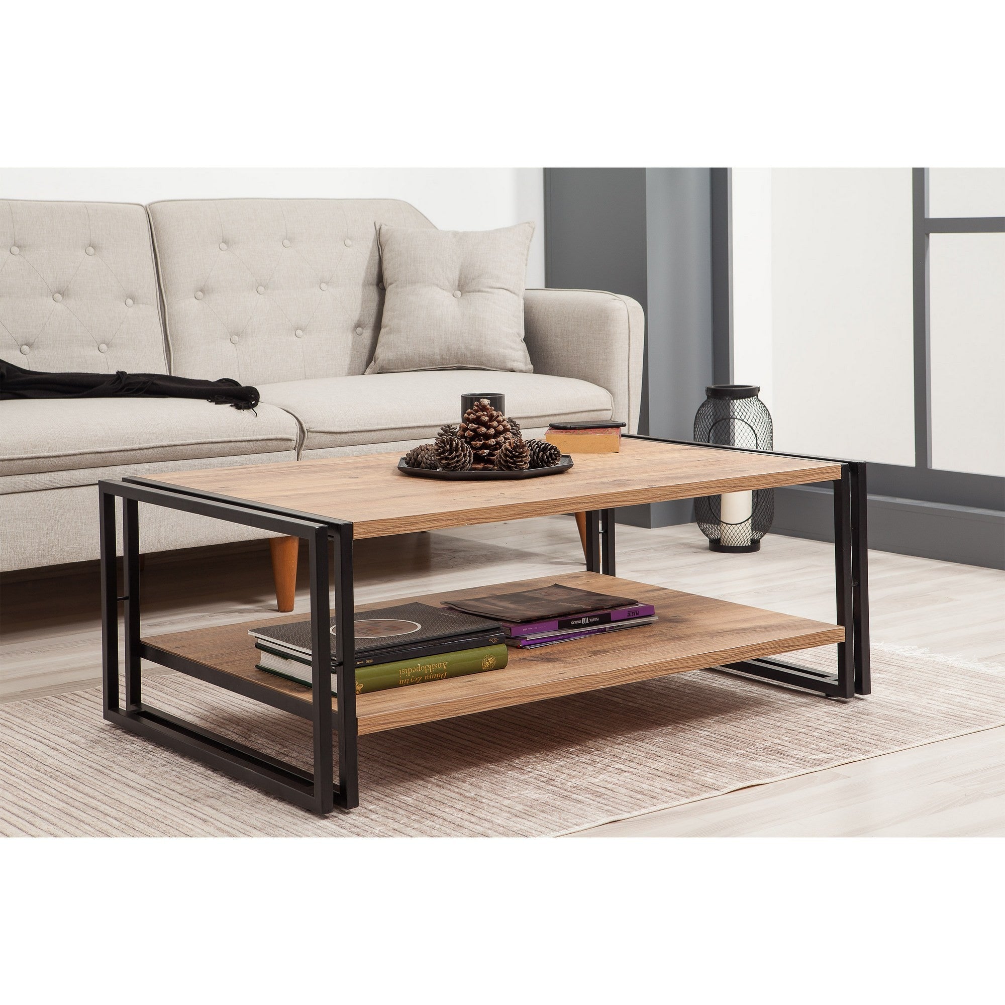 Mesa de Centro Industrial de 2 Andares, Pinho Atlântico e Preto, 110 x 40 x 70 cm | Revestimento 100% Melamina, 18 mm de Espessura | Estrutura de Metal Resistente, Armazenamento Extra