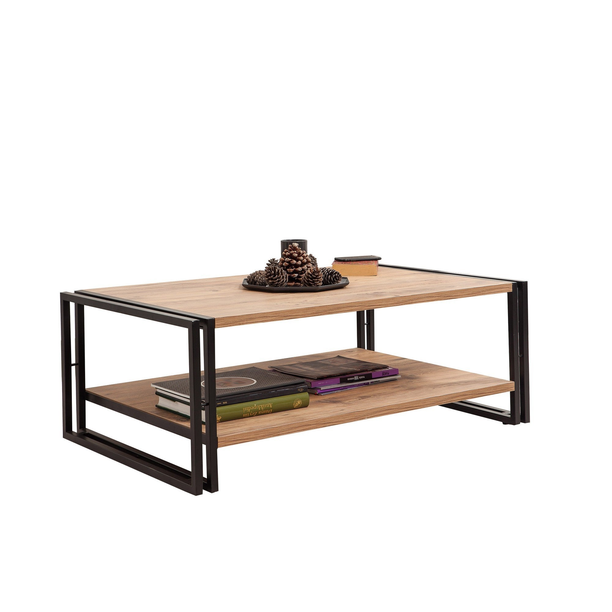 Mesa de Centro Industrial de 2 Andares, Pinho Atlântico e Preto, 110 x 40 x 70 cm | Revestimento 100% Melamina, 18 mm de Espessura | Estrutura de Metal Resistente, Armazenamento Extra