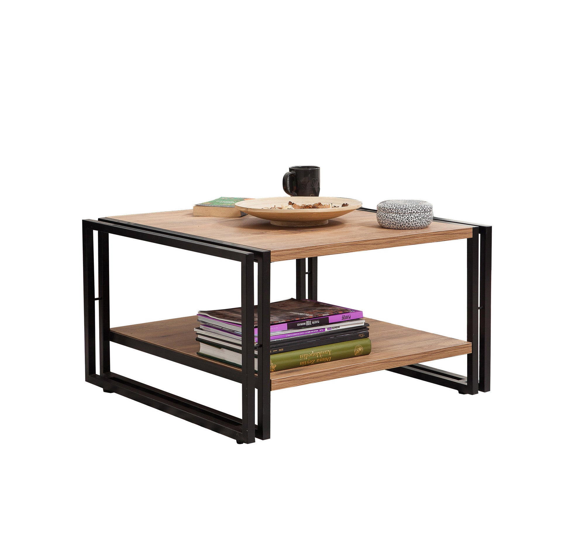 Mesa de Centro em Estilo Industrial, 2 Andares, Pinho Atlântico e Preto, 70 x 40 x 70 cm | 100% Revestimento em Melamina, Estrutura em Metal | Solução de Armazenamento Elegante e Funcional