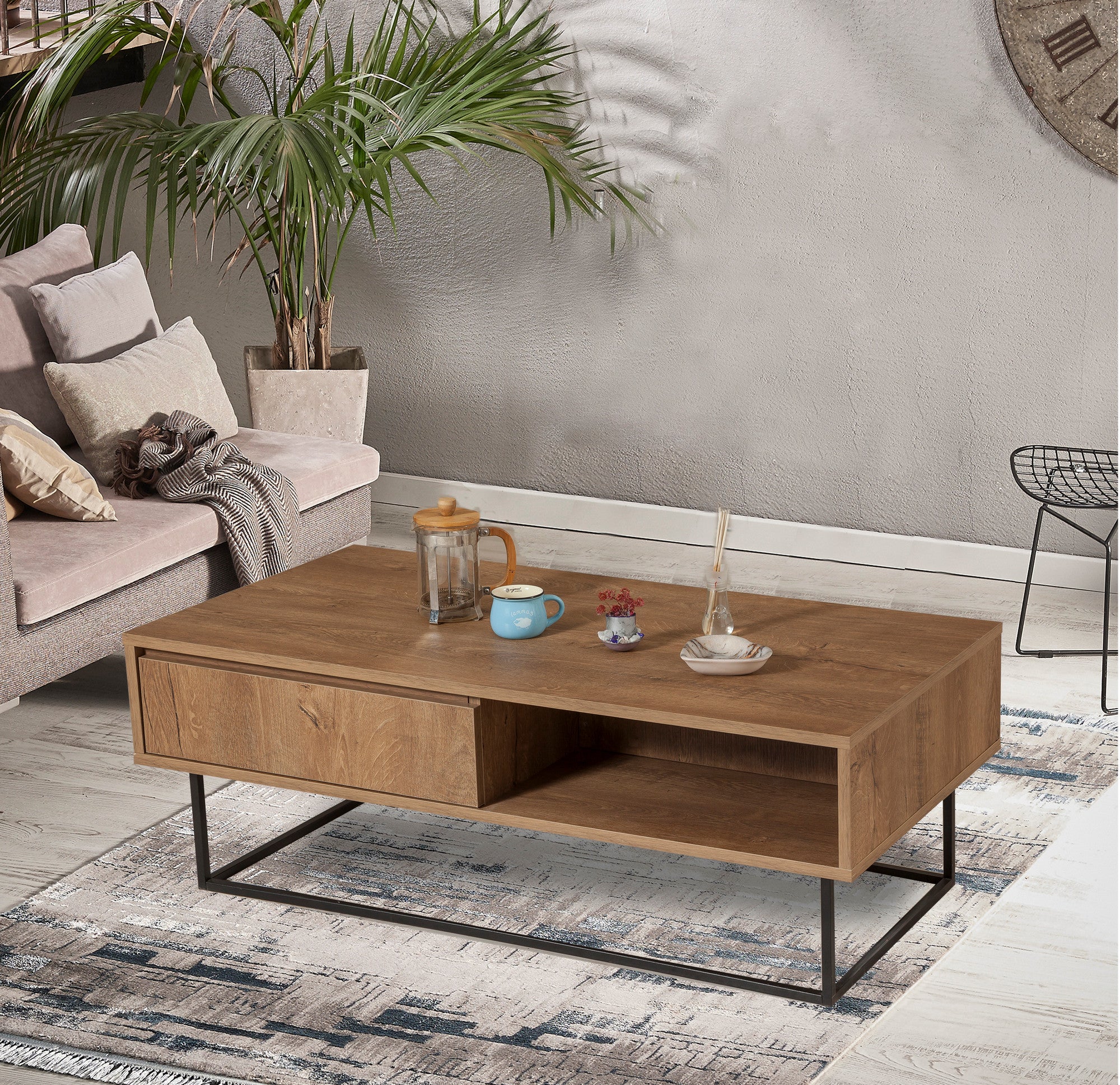 Mesa de Centro Industrial de 2 Andares, Nogueira e Preto, 120 x 43 x 60 cm | Painel de Partículas 100% Revestido com Melamina, 18 mm de Espessura, Estrutura de Metal | Armazenamento Elegante e Funcional