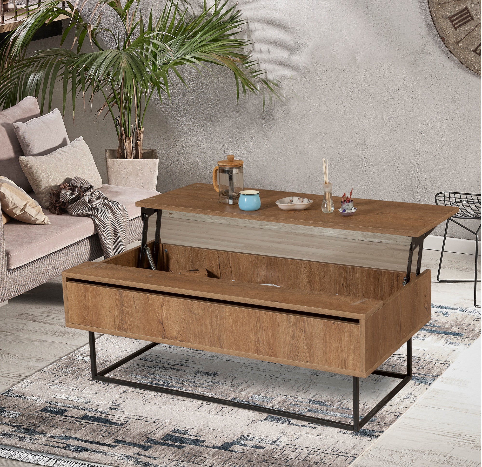 Mesa de Centro Industrial de 2 Andares, Nogueira e Preto, 120 x 60 x 43 cm | Painel de Partículas 100% Revestido com Melamina, Estrutura de Metal | Solução de Armazenamento Elegante e Funcional