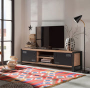 Suporte de TV industrial, pinho atlântico e preto, 180 cm | Painel de partículas 100% revestido de melamina, estrutura e portas de metal | Solução de armazenamento elegante e montável na parede