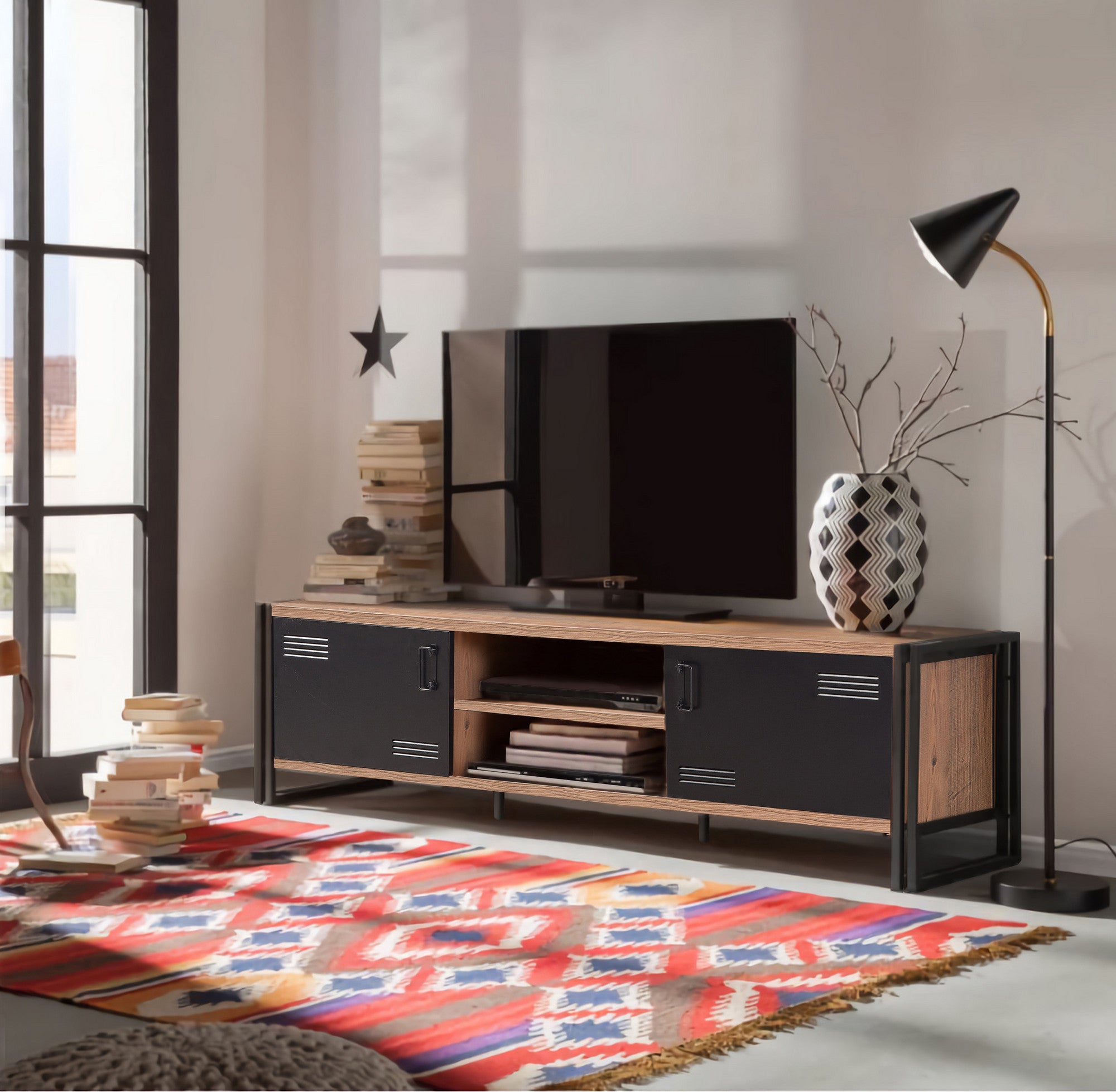 Suporte de TV industrial, pinho atlântico e preto, 180 cm | Painel de partículas 100% revestido de melamina, estrutura e portas de metal | Solução de armazenamento elegante e montável na parede