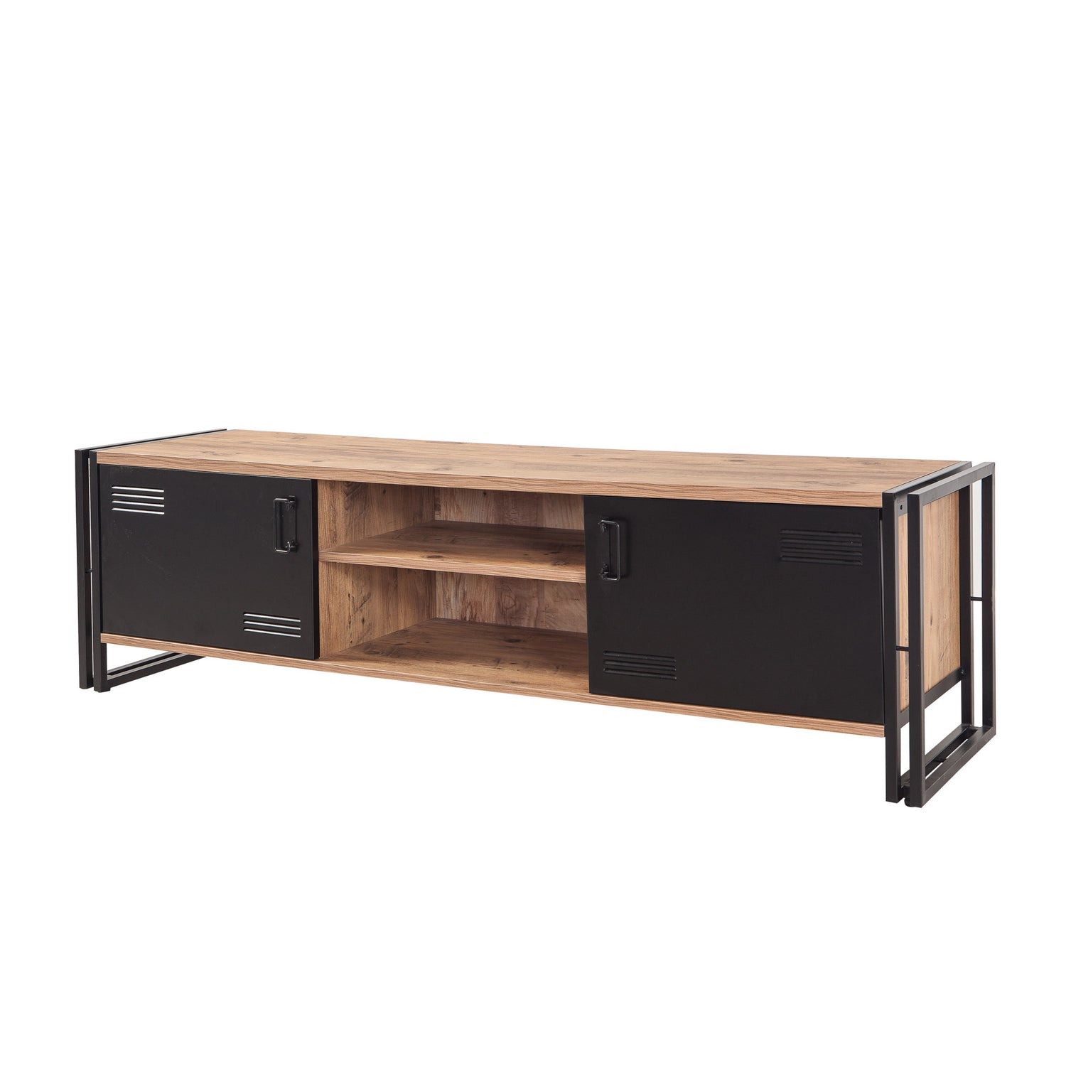 Suporte de TV industrial, pinho atlântico e preto, 180 cm | Painel de partículas 100% revestido de melamina, estrutura e portas de metal | Solução de armazenamento elegante e montável na parede