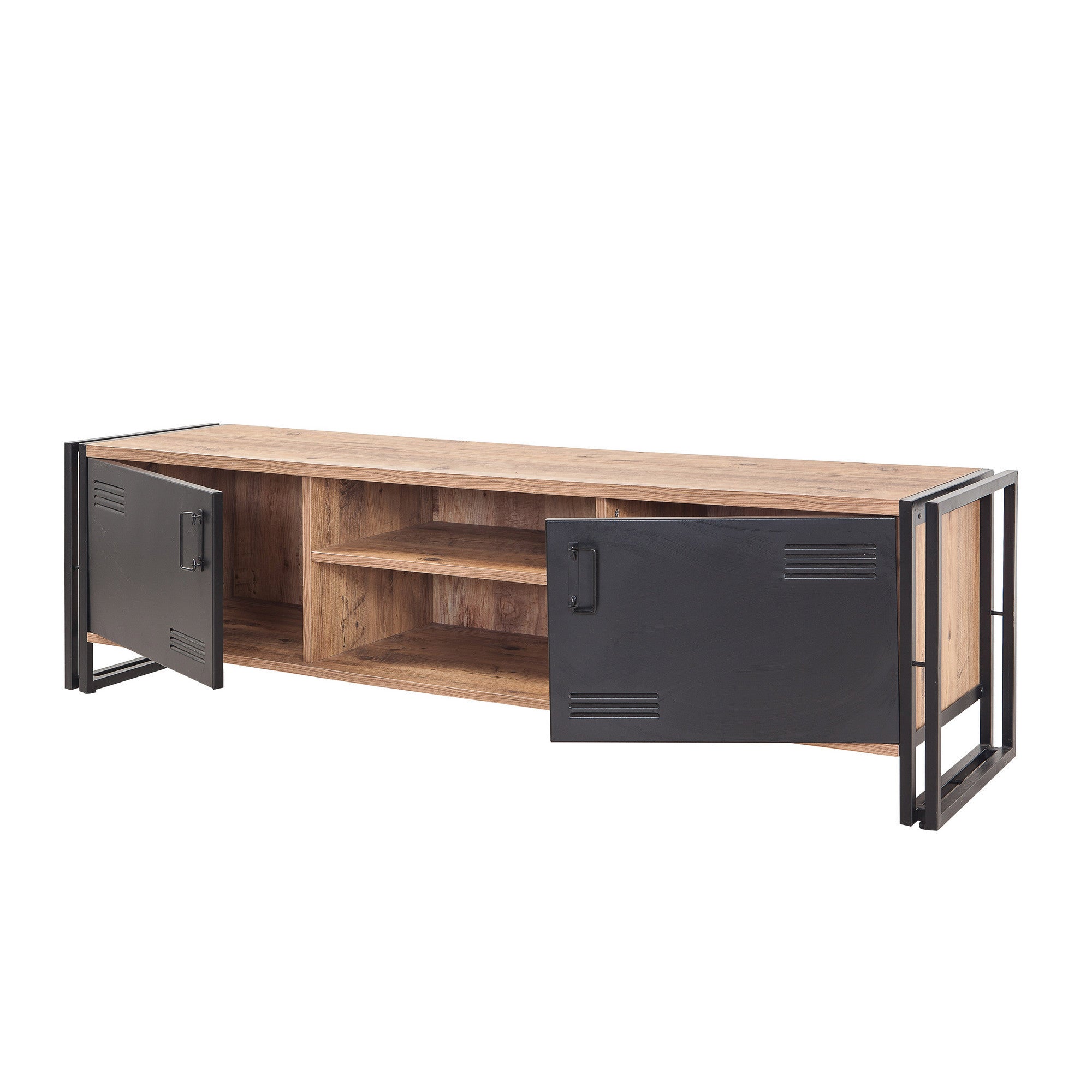 Suporte de TV industrial, pinho atlântico e preto, 180 cm | Painel de partículas 100% revestido de melamina, estrutura e portas de metal | Solução de armazenamento elegante e montável na parede