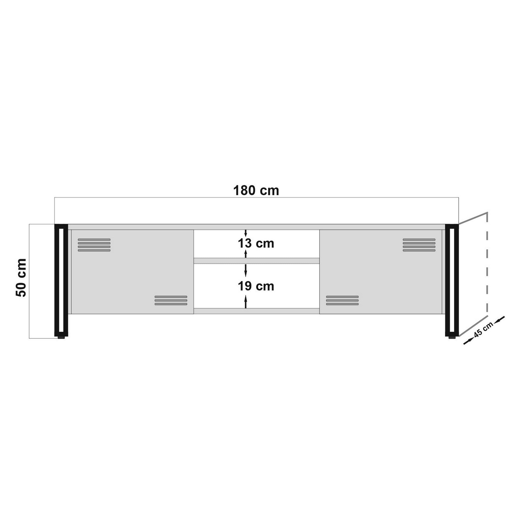 Suporte de TV industrial, pinho atlântico e preto, 180 cm | Painel de partículas 100% revestido de melamina, estrutura e portas de metal | Solução de armazenamento elegante e montável na parede