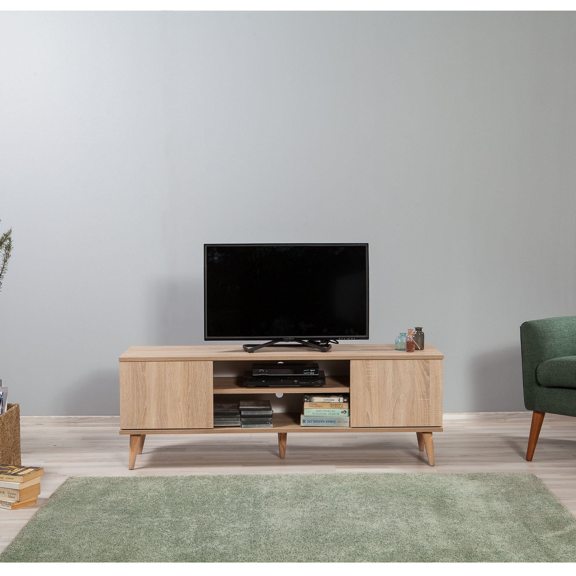 Suporte de TV em carvalho Sonoma, 140 cm | Painel de partículas 100% revestido em melamina, 18 mm de espessura | Pés de madeira de carpa, revestimento UV, montagem na parede, design elegante e funcional