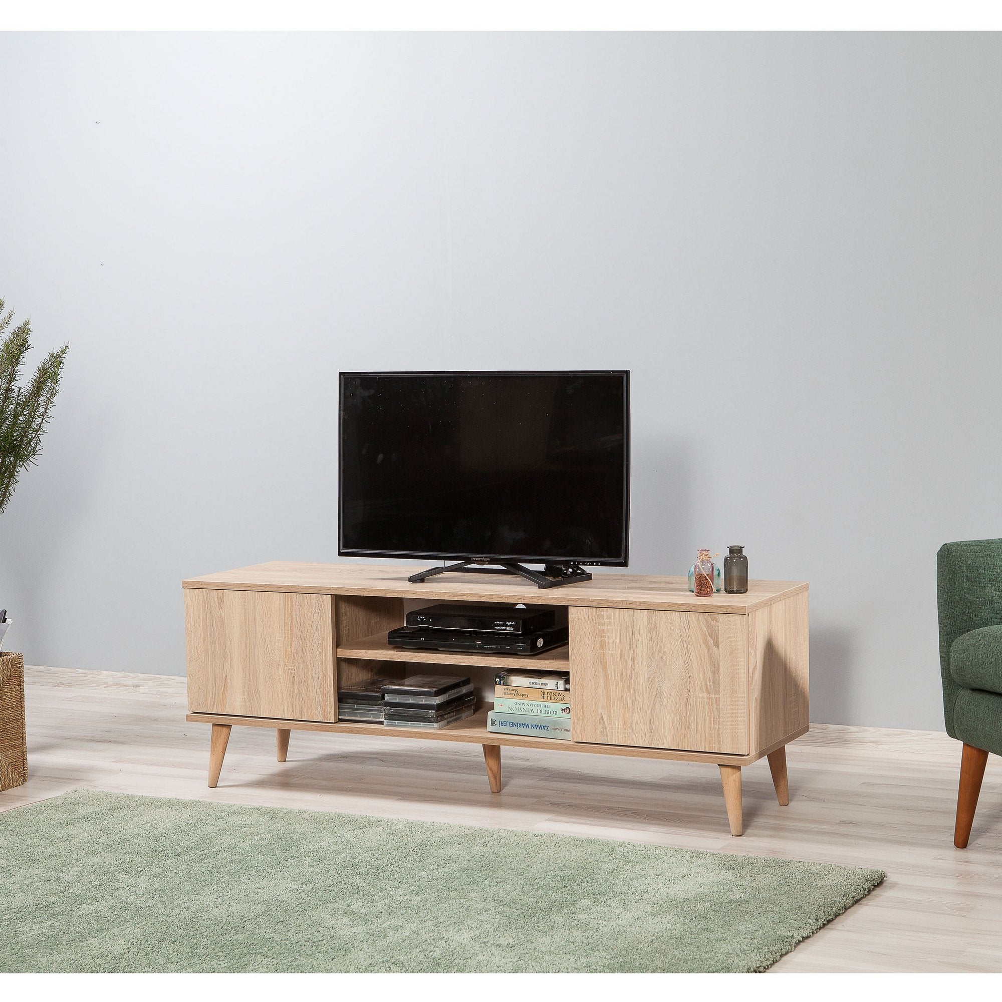 Suporte de TV em carvalho Sonoma, 140 cm | Painel de partículas 100% revestido em melamina, 18 mm de espessura | Pés de madeira de carpa, revestimento UV, montagem na parede, design elegante e funcional