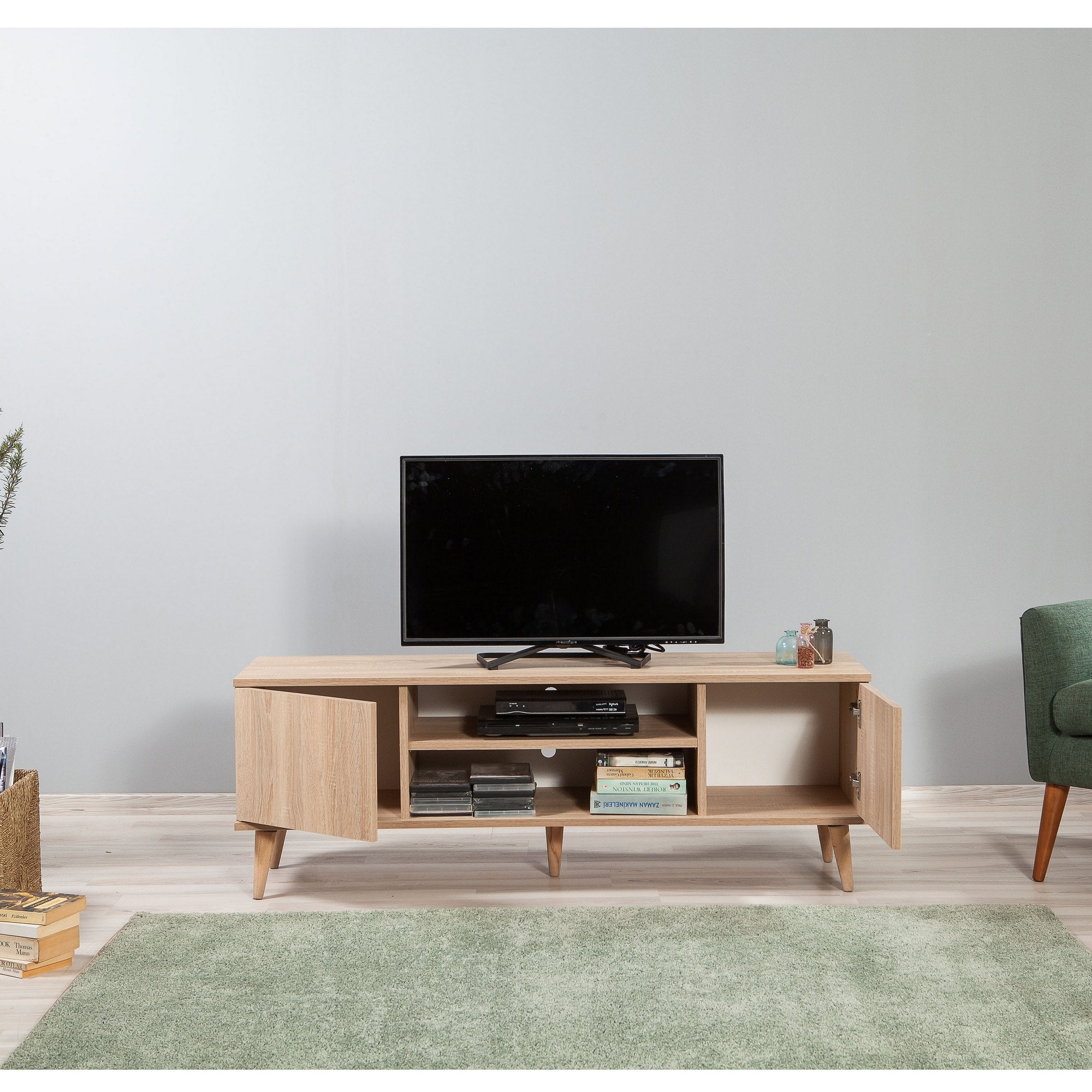 Suporte de TV em carvalho Sonoma, 140 cm | Painel de partículas 100% revestido em melamina, 18 mm de espessura | Pés de madeira de carpa, revestimento UV, montagem na parede, design elegante e funcional
