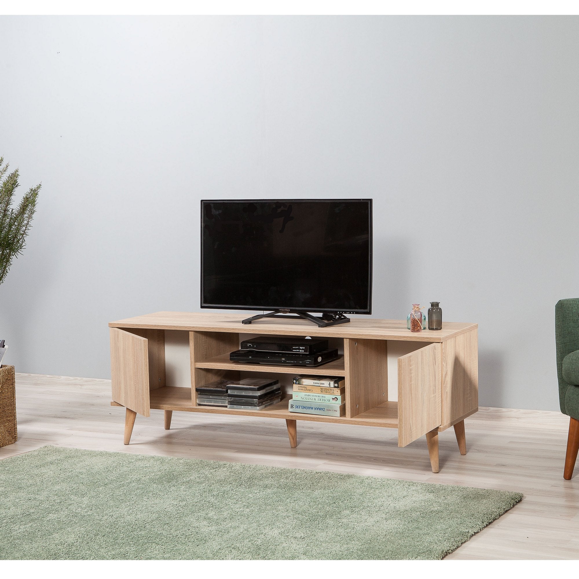 Suporte de TV em carvalho Sonoma, 140 cm | Painel de partículas 100% revestido em melamina, 18 mm de espessura | Pés de madeira de carpa, revestimento UV, montagem na parede, design elegante e funcional