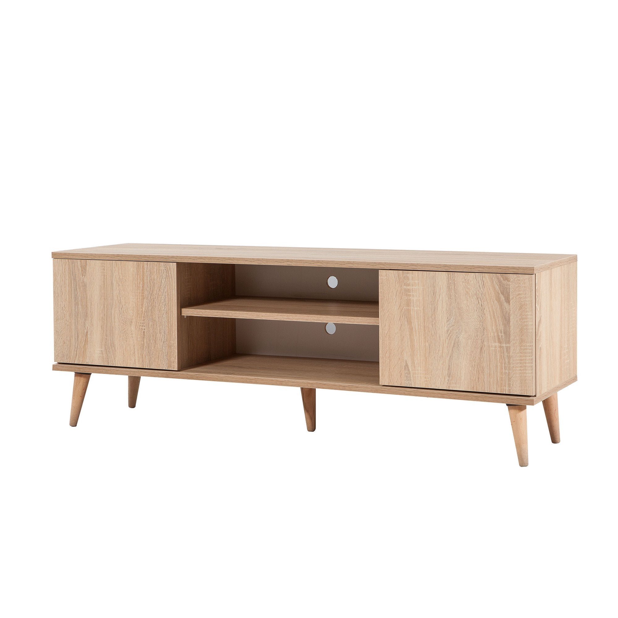 Suporte de TV em carvalho Sonoma, 140 cm | Painel de partículas 100% revestido em melamina, 18 mm de espessura | Pés de madeira de carpa, revestimento UV, montagem na parede, design elegante e funcional
