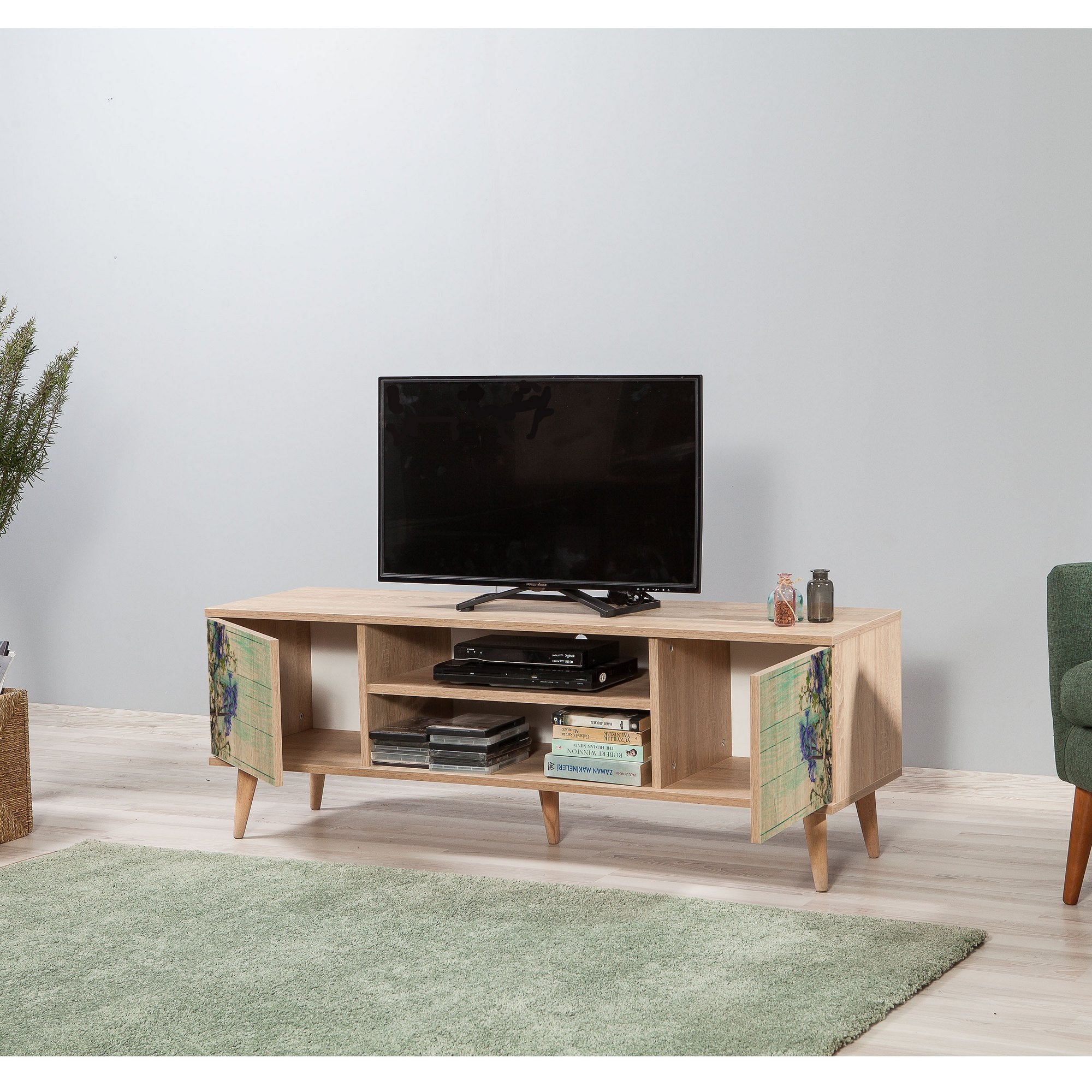 Suporte de TV elegante em carvalho Sonoma, 140 cm | Painel de partículas 100% revestido com melamina, 18 mm de espessura | Pés de madeira de carpa, revestimento UV, montagem na parede, design elegante
