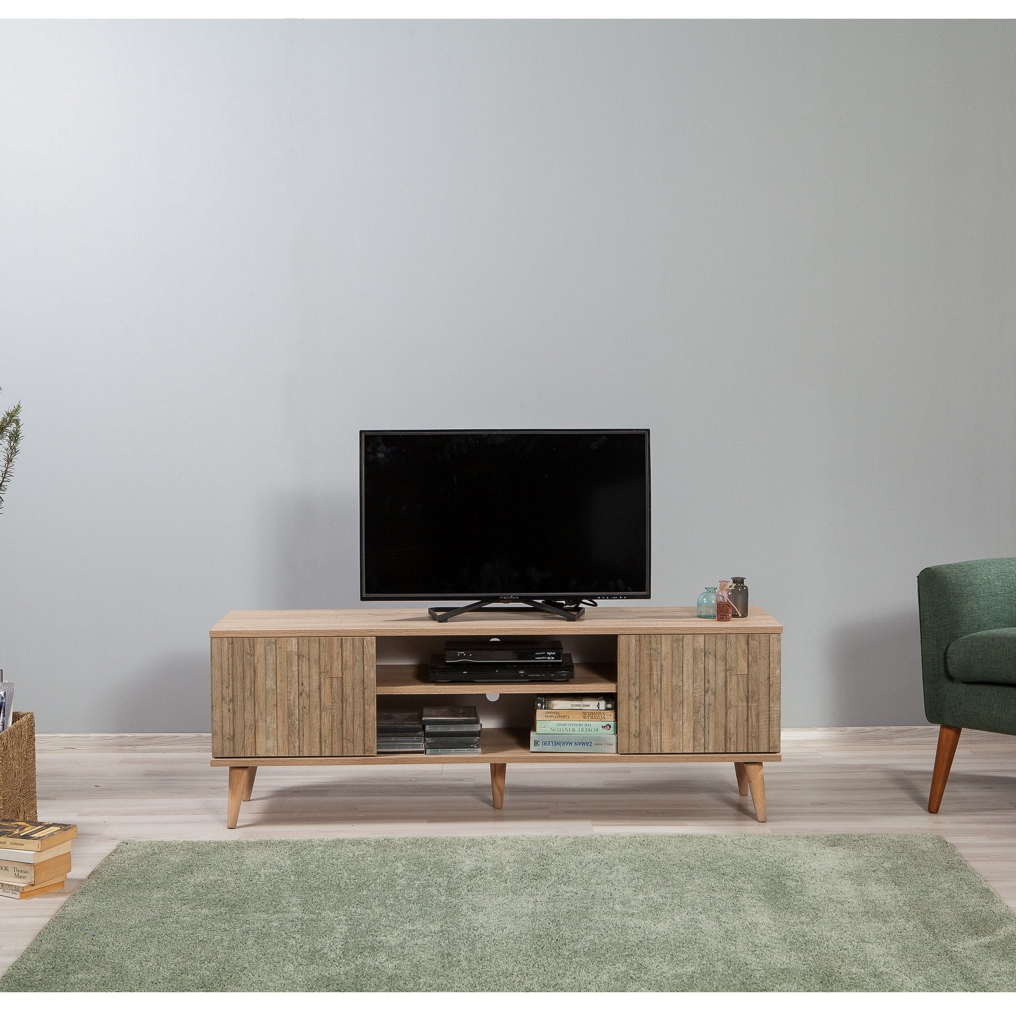 Suporte de TV rústico em carvalho Sonoma, 140 cm | 100% revestido em melamina, 18 mm de espessura, pernas em madeira de carpa, revestimento UV | Montável na parede, design elegante com armazenamento extra