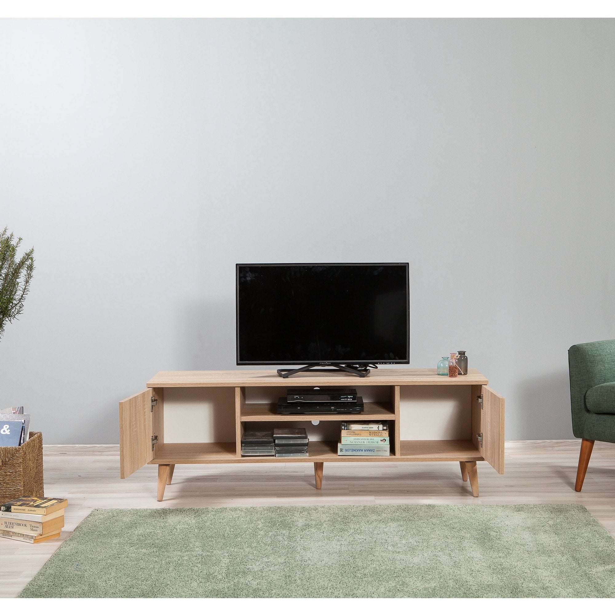 Suporte de TV rústico em carvalho Sonoma, 140 cm | 100% revestido em melamina, 18 mm de espessura, pernas em madeira de carpa, revestimento UV | Montável na parede, design elegante com armazenamento extra