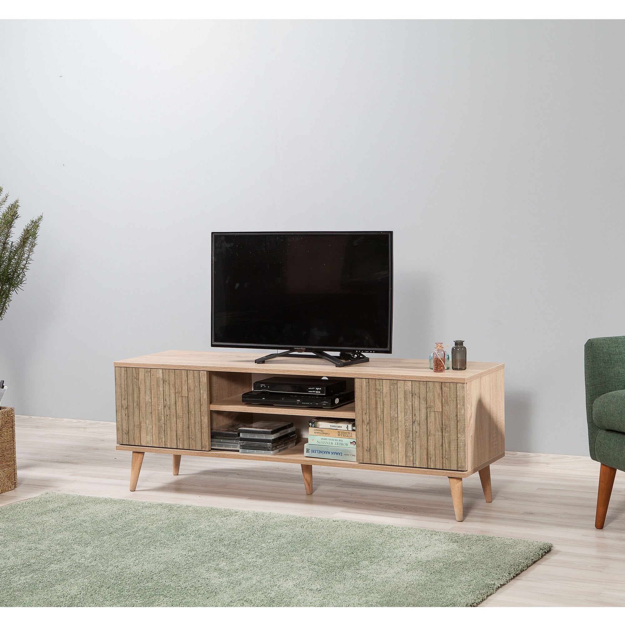 Suporte de TV rústico em carvalho Sonoma, 140 cm | 100% revestido em melamina, 18 mm de espessura, pernas em madeira de carpa, revestimento UV | Montável na parede, design elegante com armazenamento extra