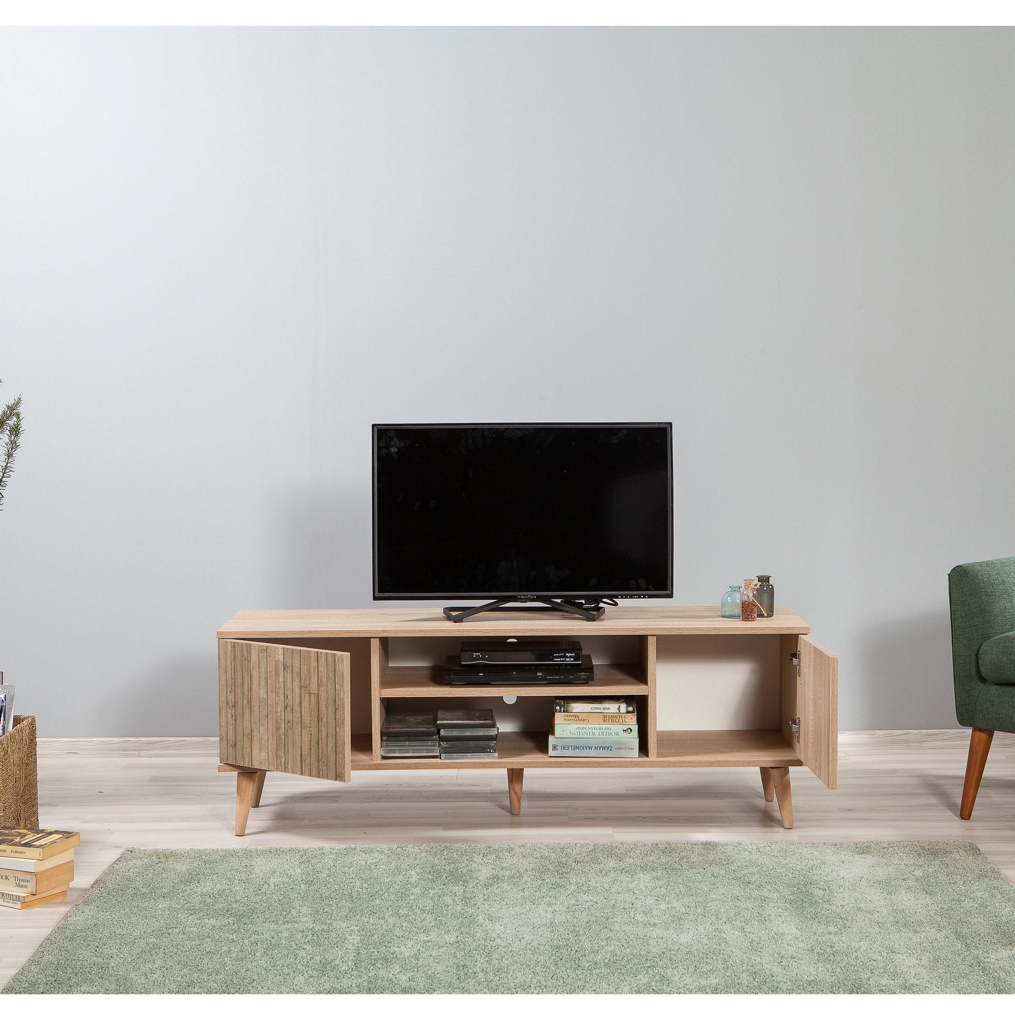 Suporte de TV rústico em carvalho Sonoma, 140 cm | 100% revestido em melamina, 18 mm de espessura, pernas em madeira de carpa, revestimento UV | Montável na parede, design elegante com armazenamento extra