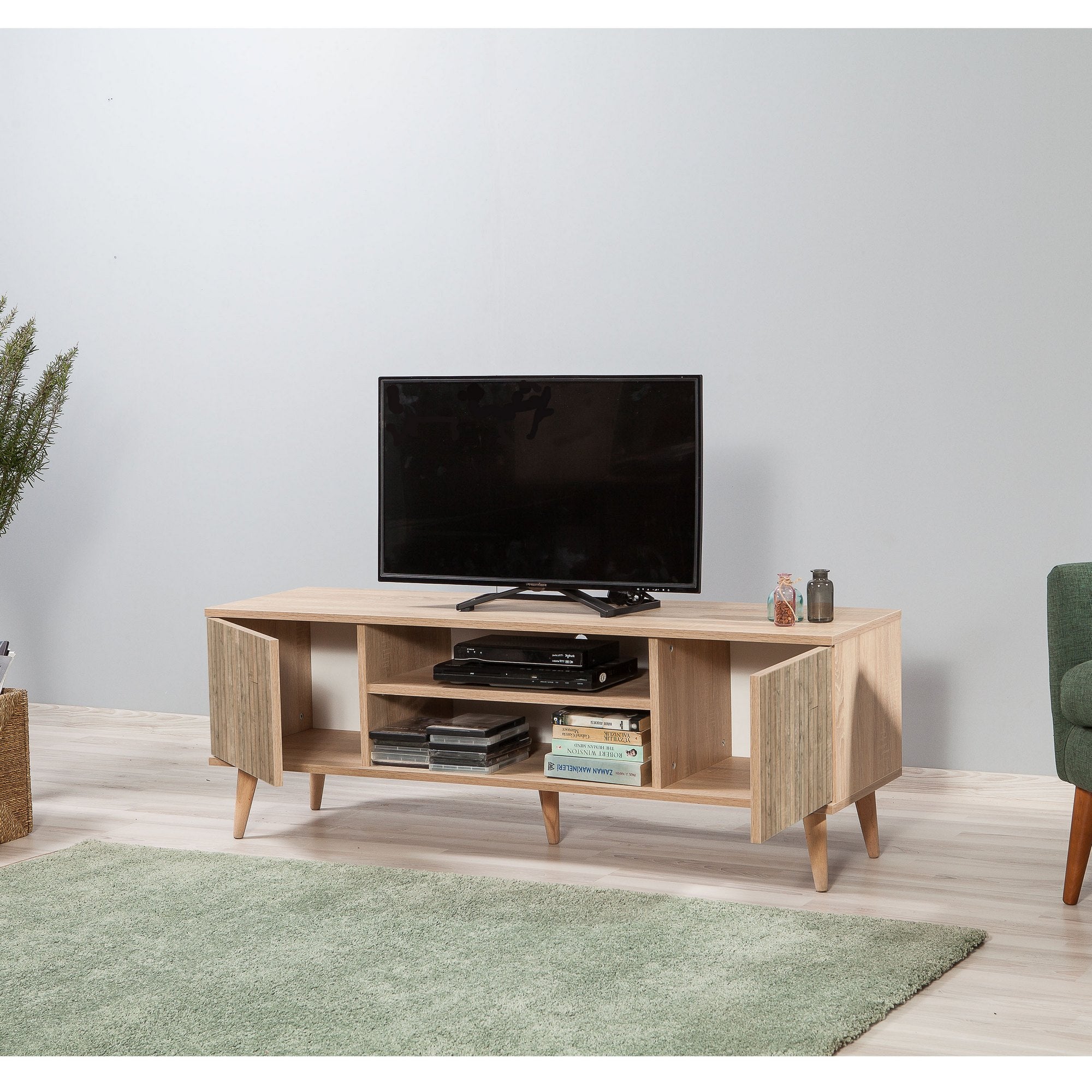 Suporte de TV rústico em carvalho Sonoma, 140 cm | 100% revestido em melamina, 18 mm de espessura, pernas em madeira de carpa, revestimento UV | Montável na parede, design elegante com armazenamento extra