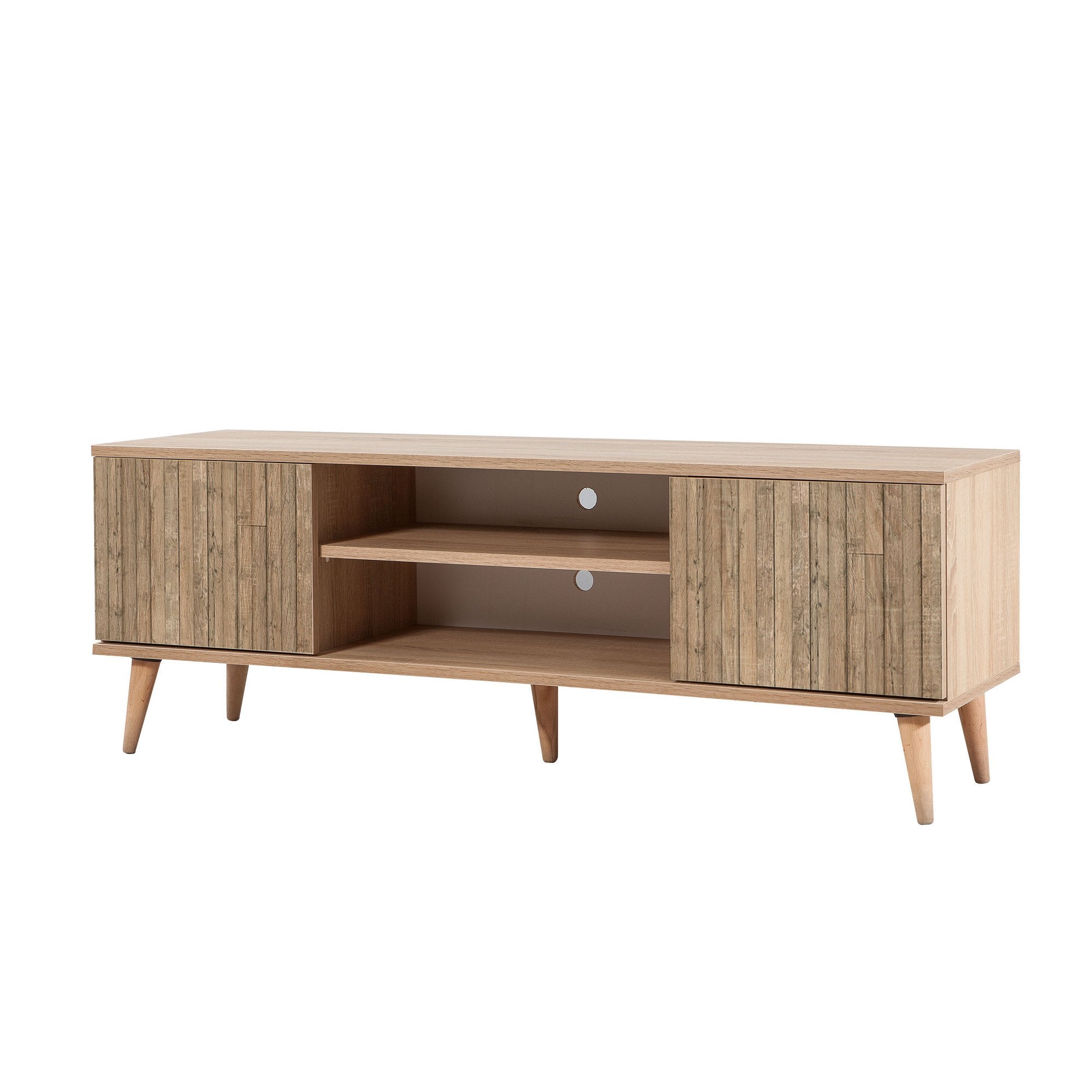 Suporte de TV rústico em carvalho Sonoma, 140 cm | 100% revestido em melamina, 18 mm de espessura, pernas em madeira de carpa, revestimento UV | Montável na parede, design elegante com armazenamento extra