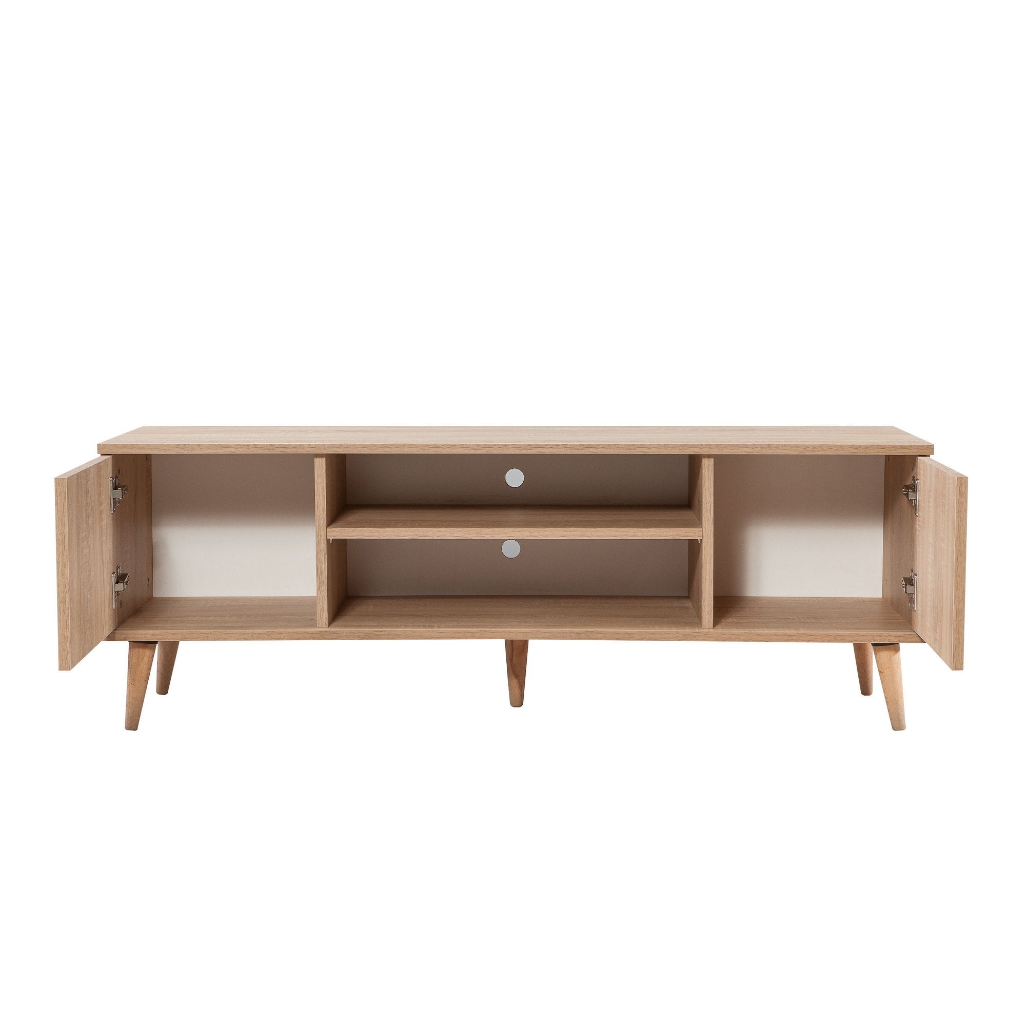 Suporte de TV rústico em carvalho Sonoma, 140 cm | 100% revestido em melamina, 18 mm de espessura, pernas em madeira de carpa, revestimento UV | Montável na parede, design elegante com armazenamento extra