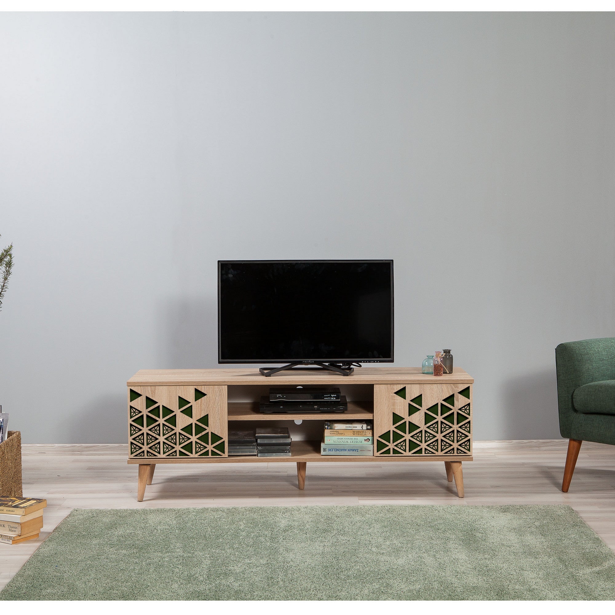 Suporte de TV elegante em carvalho Sonoma, 140 cm | 100% revestido em melamina, 18 mm de espessura, pernas em madeira de carpa, revestimento UV | Montável na parede, design geométrico, armazenamento extra