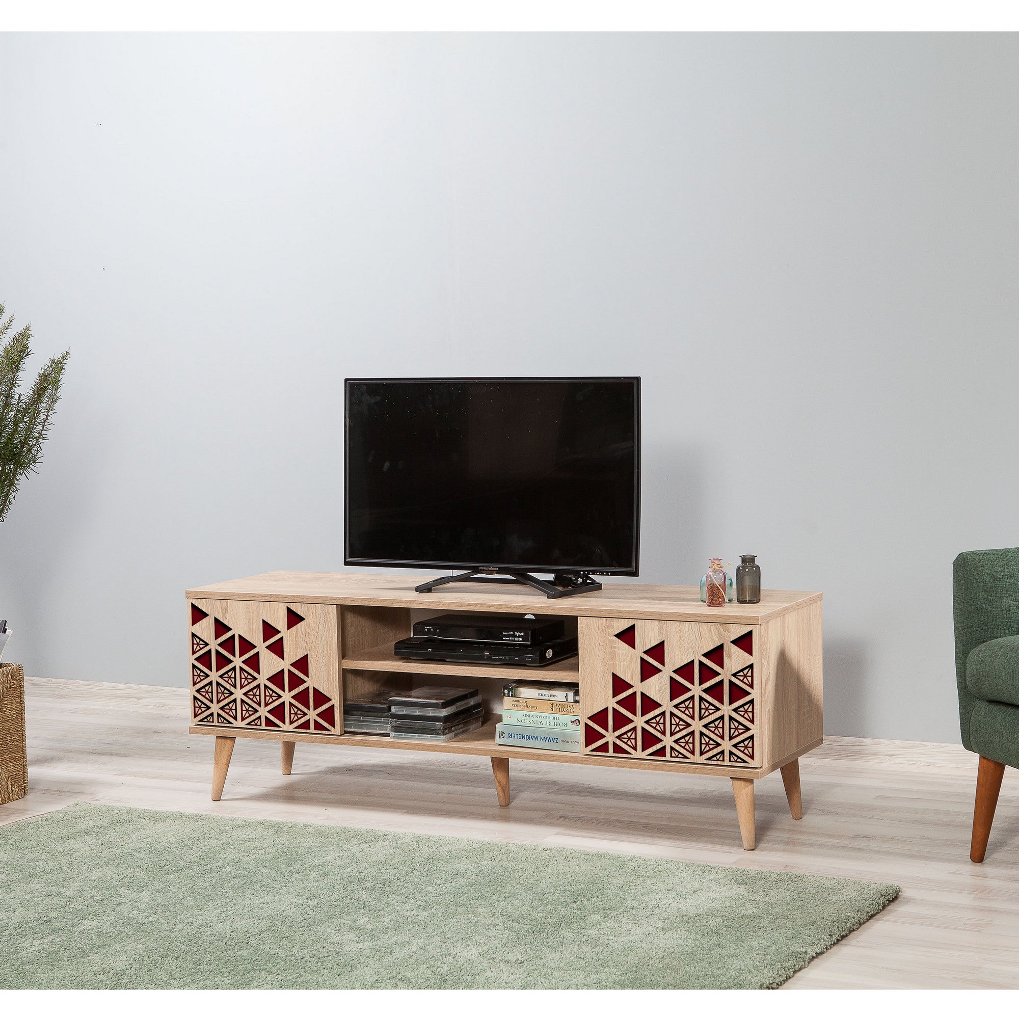 Suporte de TV elegante em carvalho Sonoma, 140 cm | 100% revestido em melamina, 18 mm de espessura, pernas em madeira de carpa, revestimento UV | Montável na parede, design geométrico, armazenamento extra
