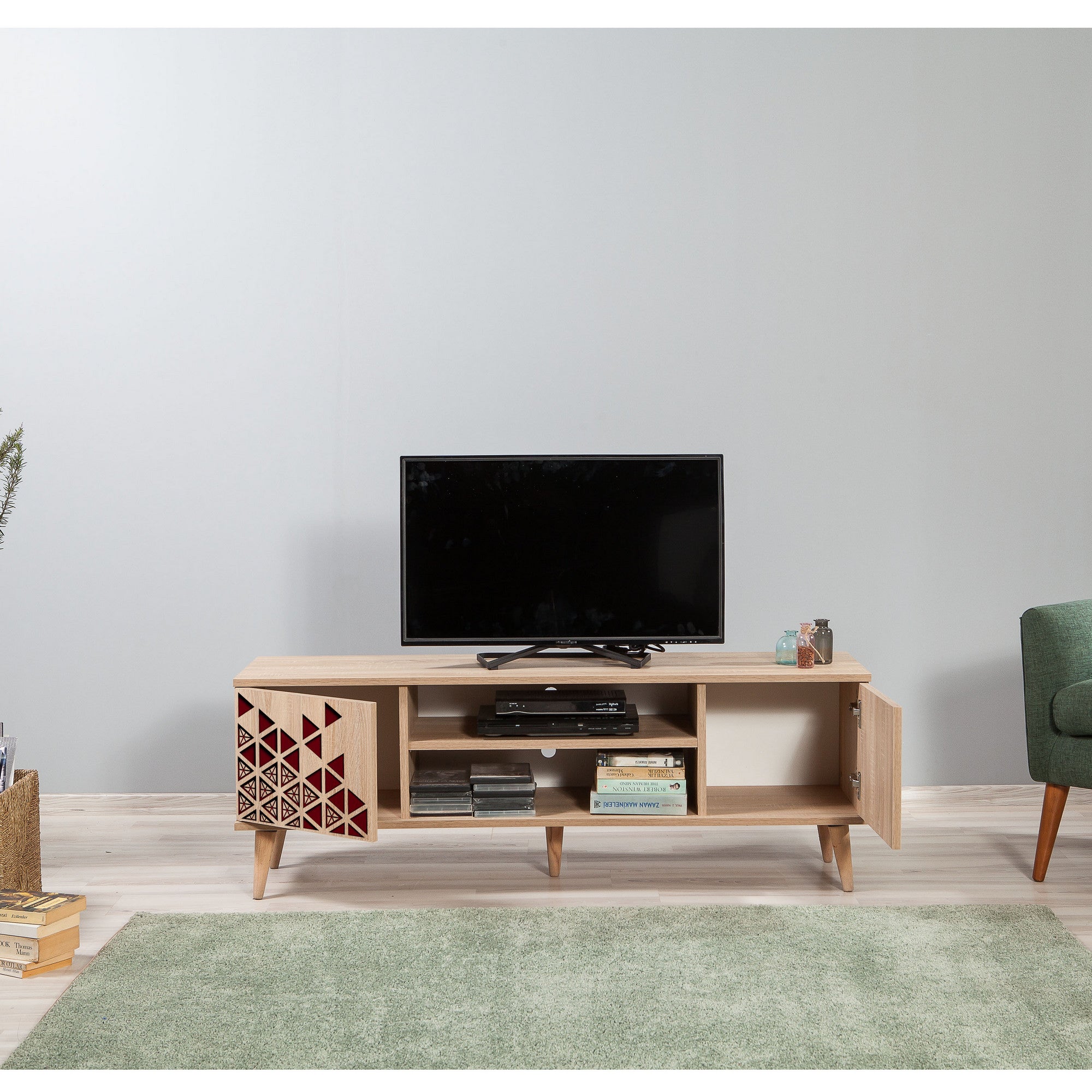 Suporte de TV elegante em carvalho Sonoma, 140 cm | 100% revestido em melamina, 18 mm de espessura, pernas em madeira de carpa, revestimento UV | Montável na parede, design geométrico, armazenamento extra