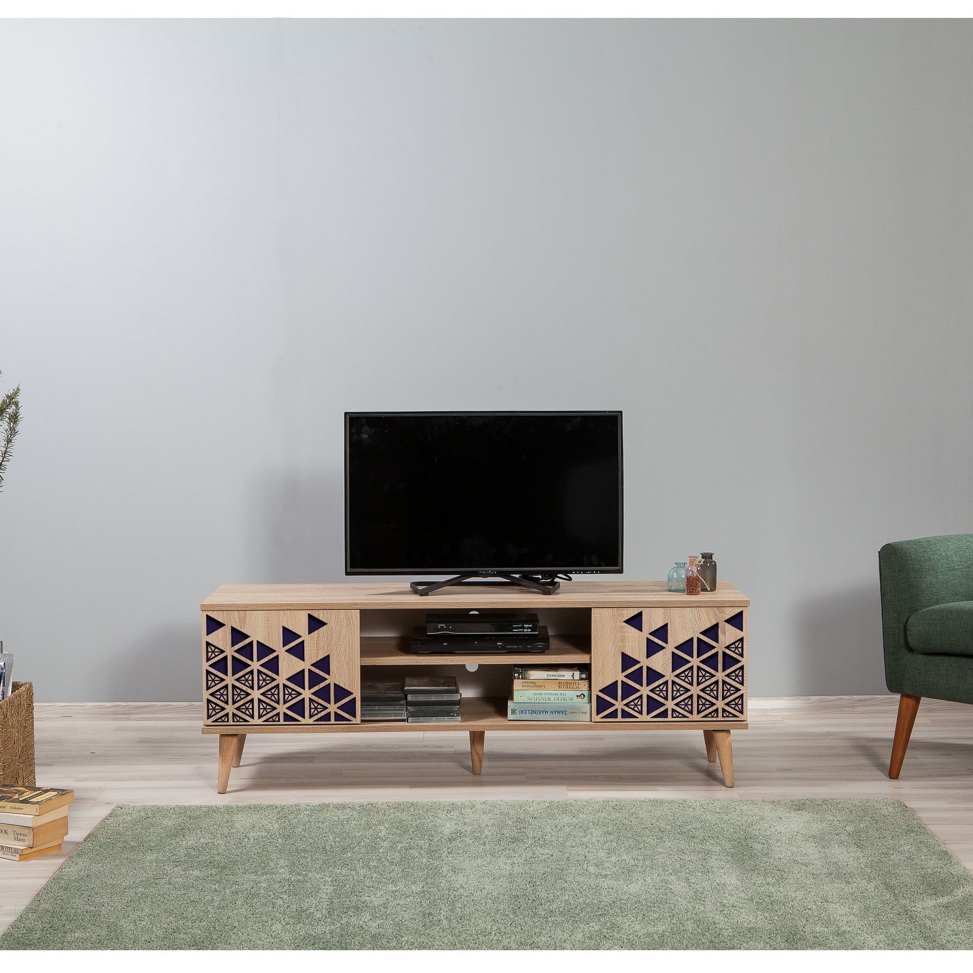 Suporte de TV elegante em carvalho Sonoma, 140 cm | 100% revestido em melamina, 18 mm de espessura, pernas em madeira de carpa, revestimento UV | Montável na parede, design geométrico, armazenamento extra