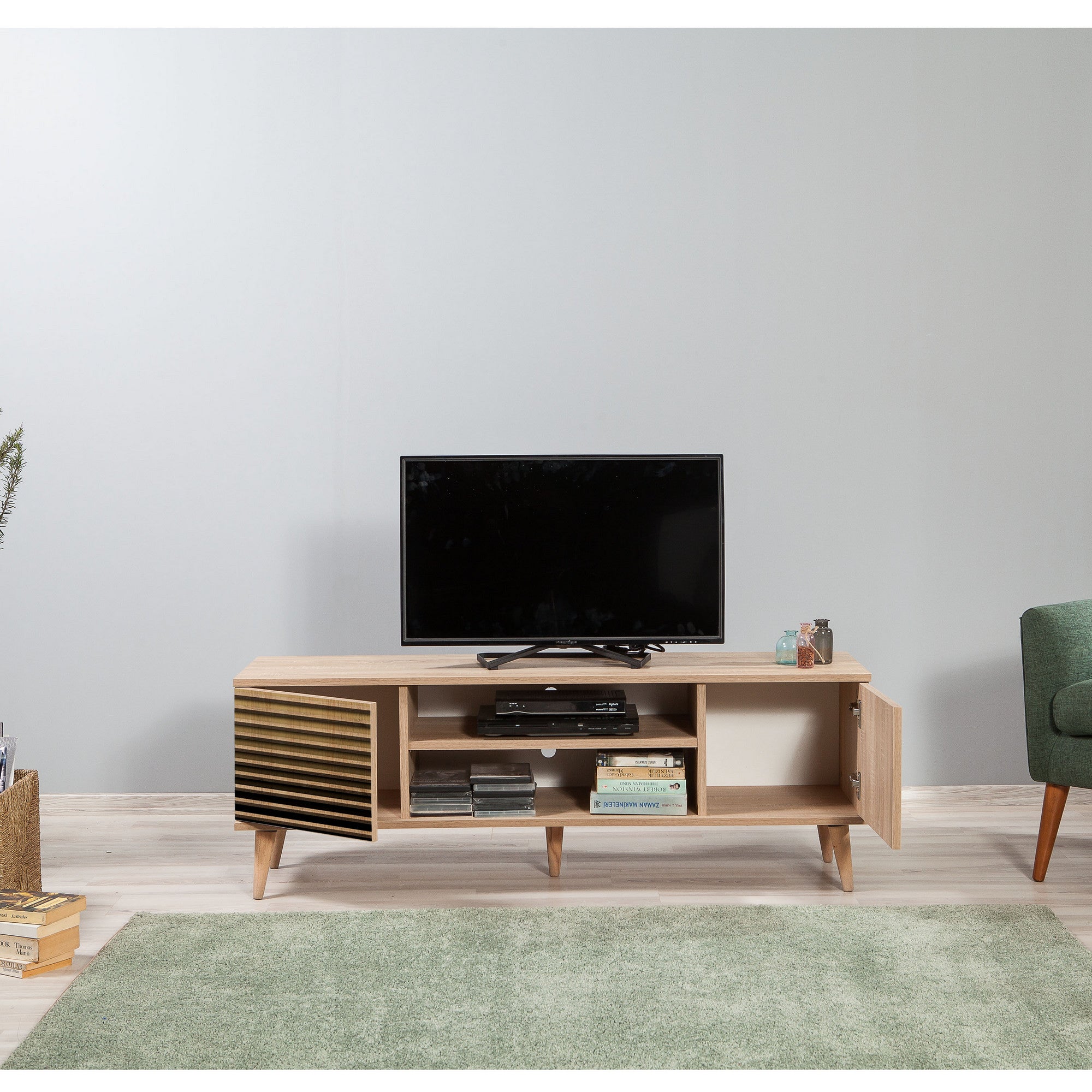 Suporte de TV elegante em carvalho Sonoma, 140 cm | 100% revestido em melamina, 18 mm de espessura, pernas de madeira de carpa, revestimento UV, montagem na parede, design cubista moderno