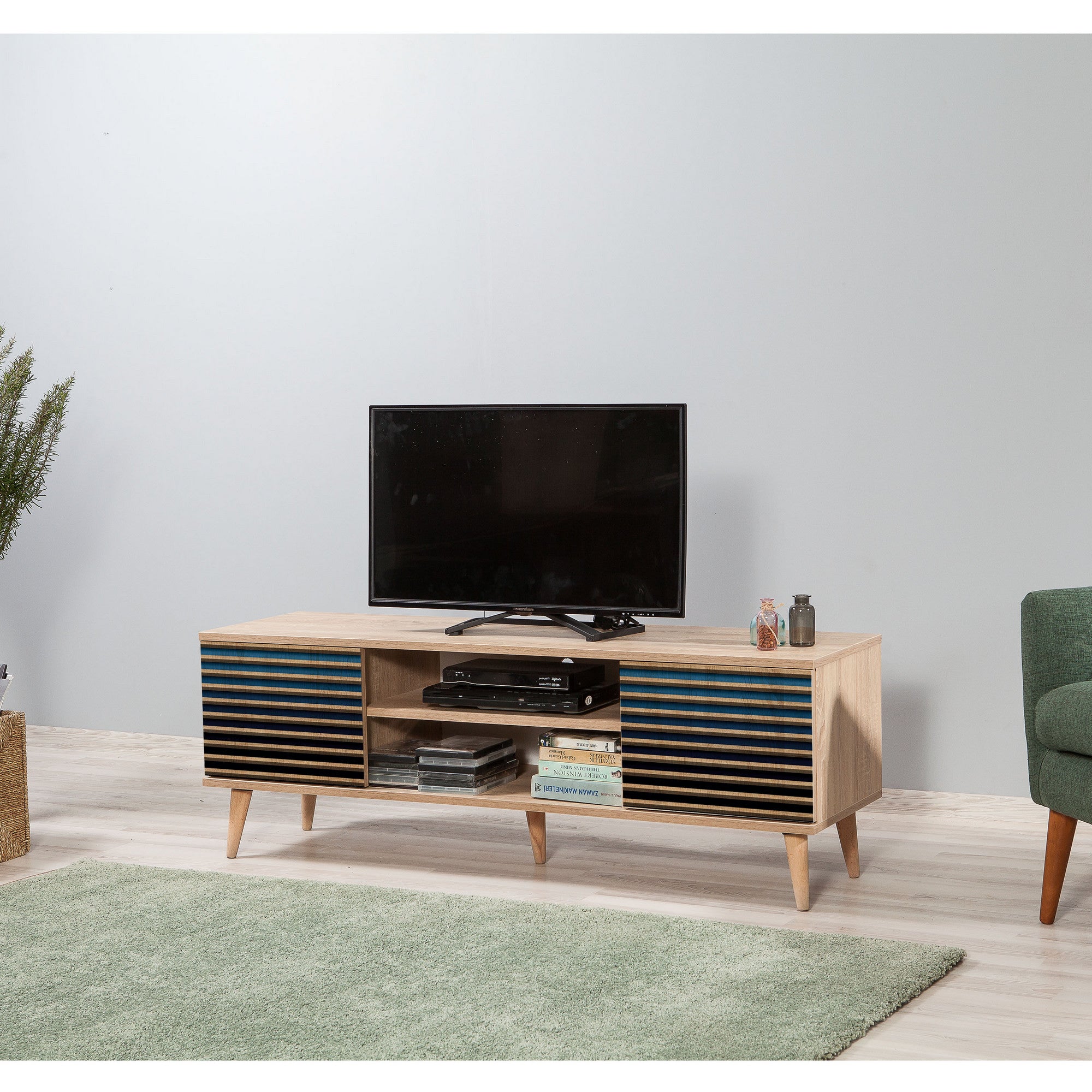 Suporte de TV elegante em carvalho Sonoma, 140 cm | 100% revestido em melamina, 18 mm de espessura, pernas de madeira de carpa, revestimento UV, montagem na parede, design cubista moderno