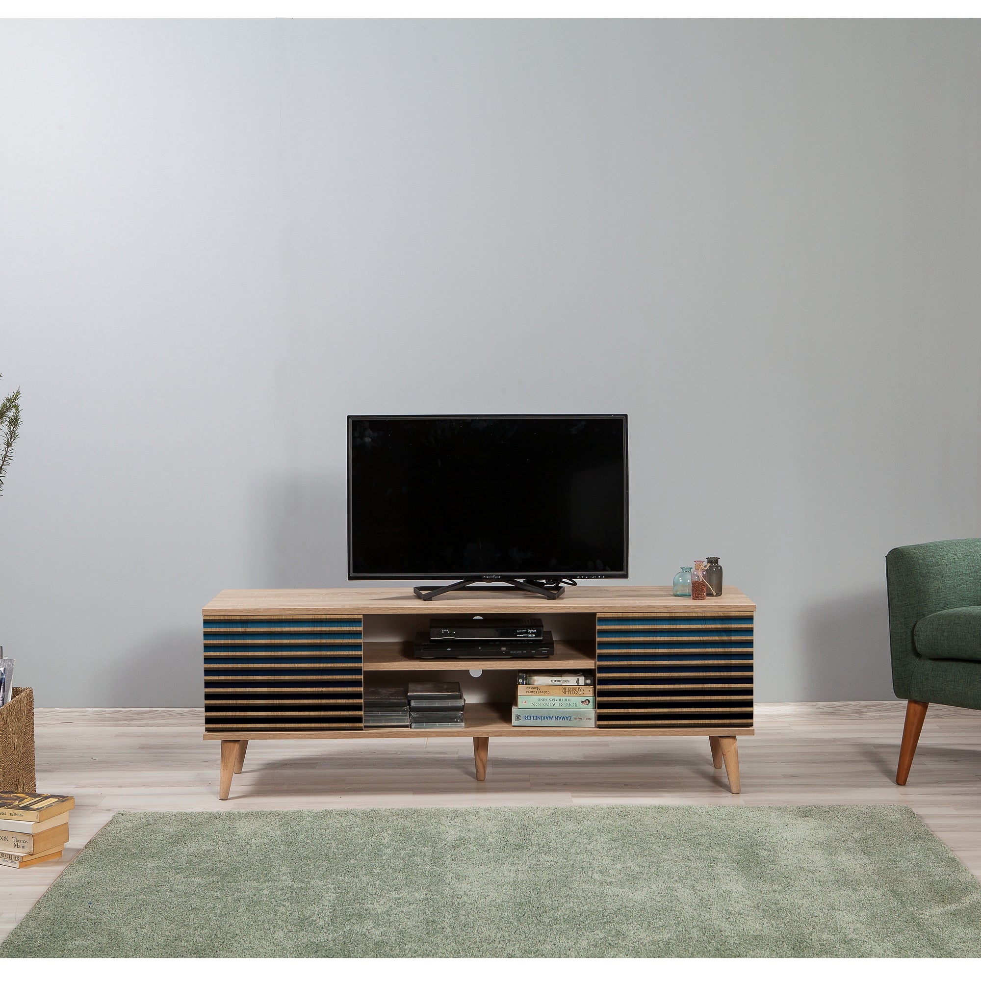 Suporte de TV elegante em carvalho Sonoma, 140 cm | 100% revestido em melamina, 18 mm de espessura, pernas de madeira de carpa, revestimento UV, montagem na parede, design cubista moderno